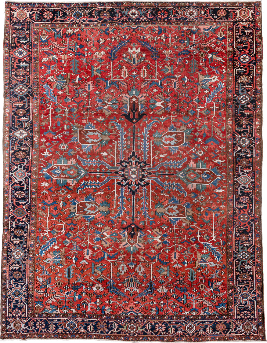 8' x 11' one-of-a-kind handmade vintage Heriz large size rug. Color palette: rust, navy, sky_blue, ivory, taupe, rose, slate