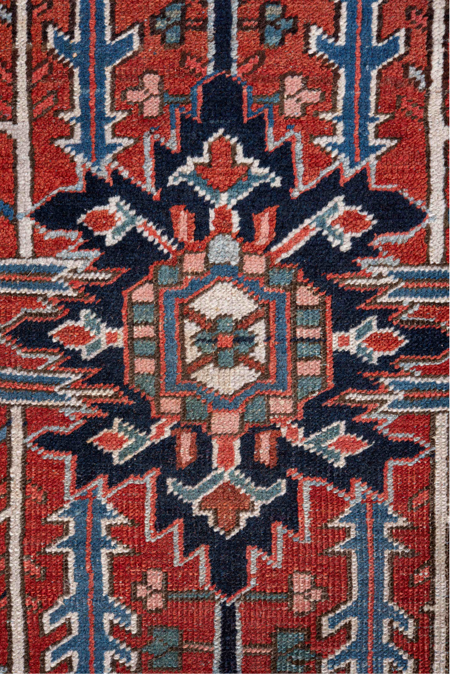 8' x 11' one-of-a-kind handmade vintage Heriz large size rug. Color palette: rust, navy, sky_blue, ivory, taupe, rose, slate