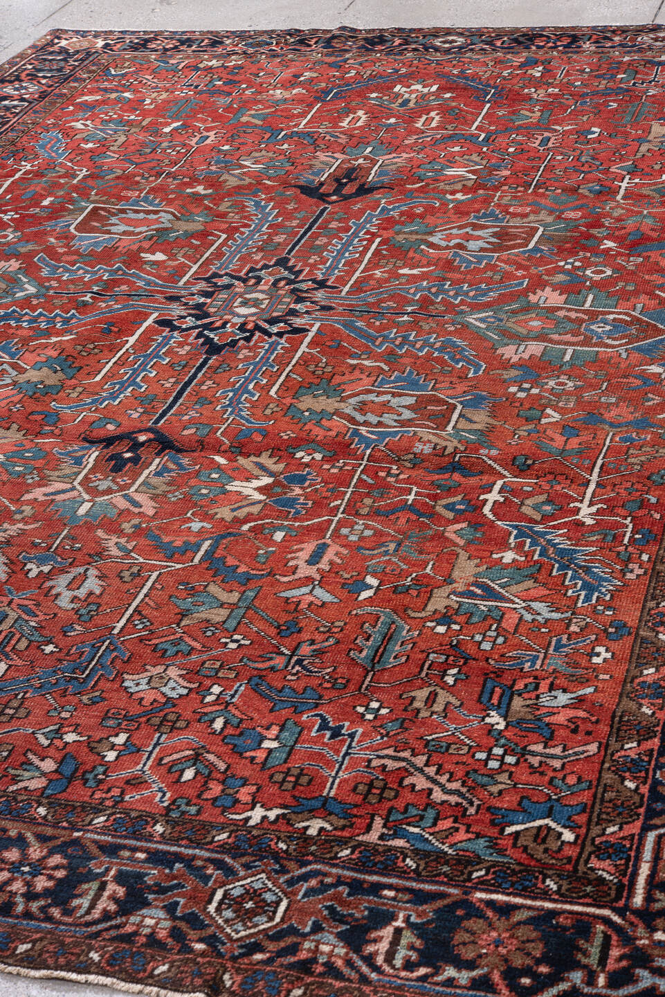 8' x 11' one-of-a-kind handmade vintage Heriz large size rug. Color palette: rust, navy, sky_blue, ivory, taupe, rose, slate