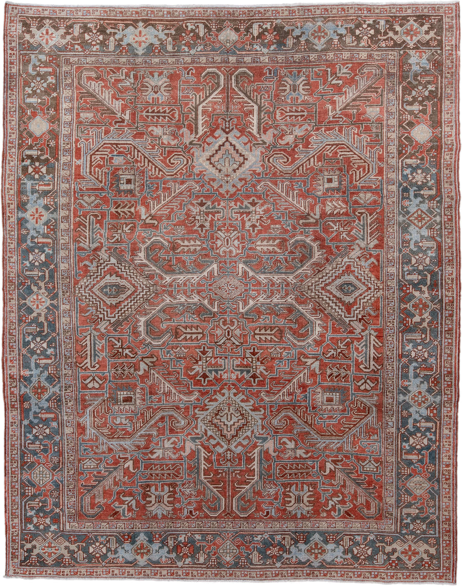 7' x 9' one-of-a-kind handmade antique Heriz rug. Color palette: rust, powder_blue, ivory, brown, slate, terracotta