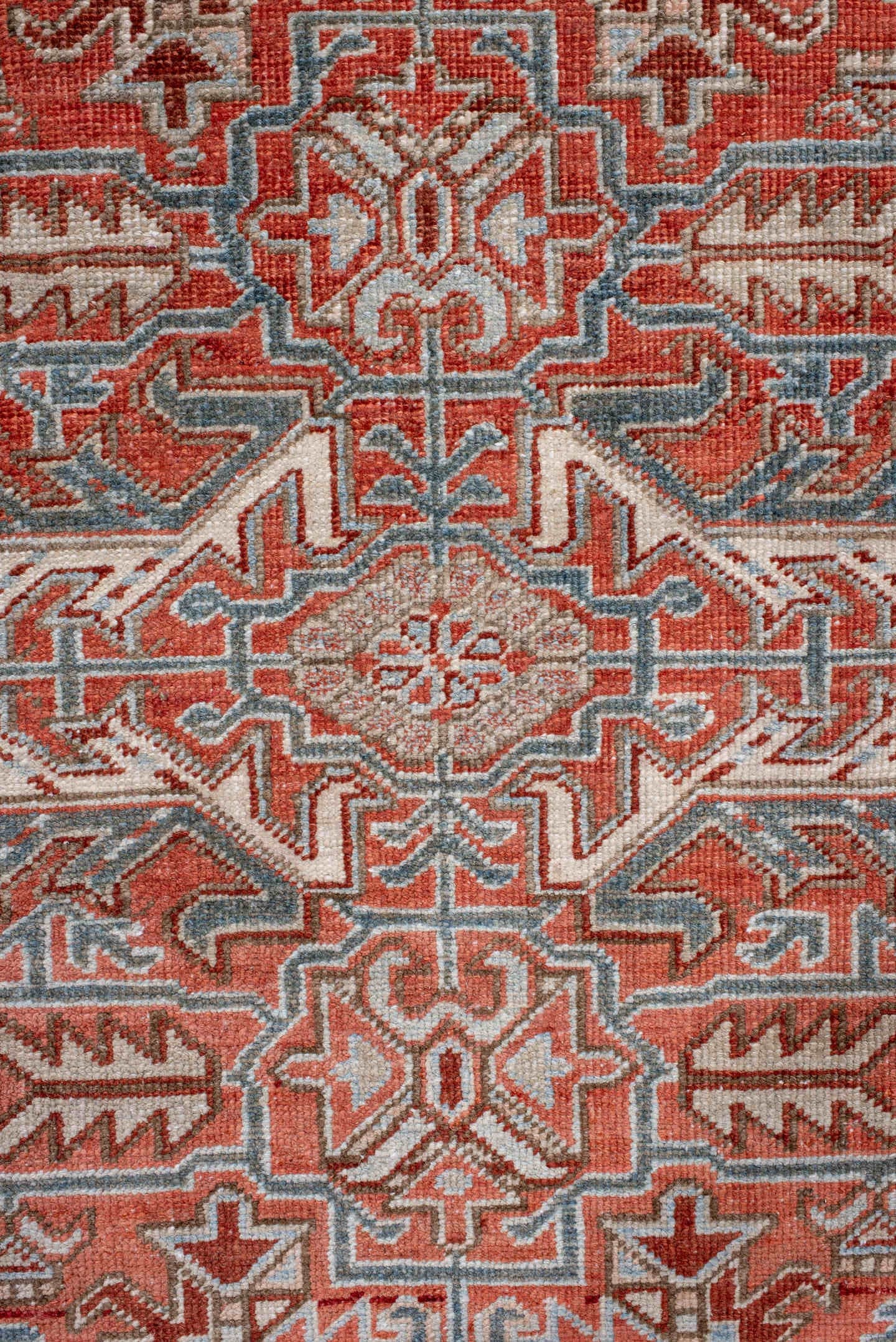 7' x 9' one-of-a-kind handmade antique Heriz rug. Color palette: rust, powder_blue, ivory, brown, slate, terracotta