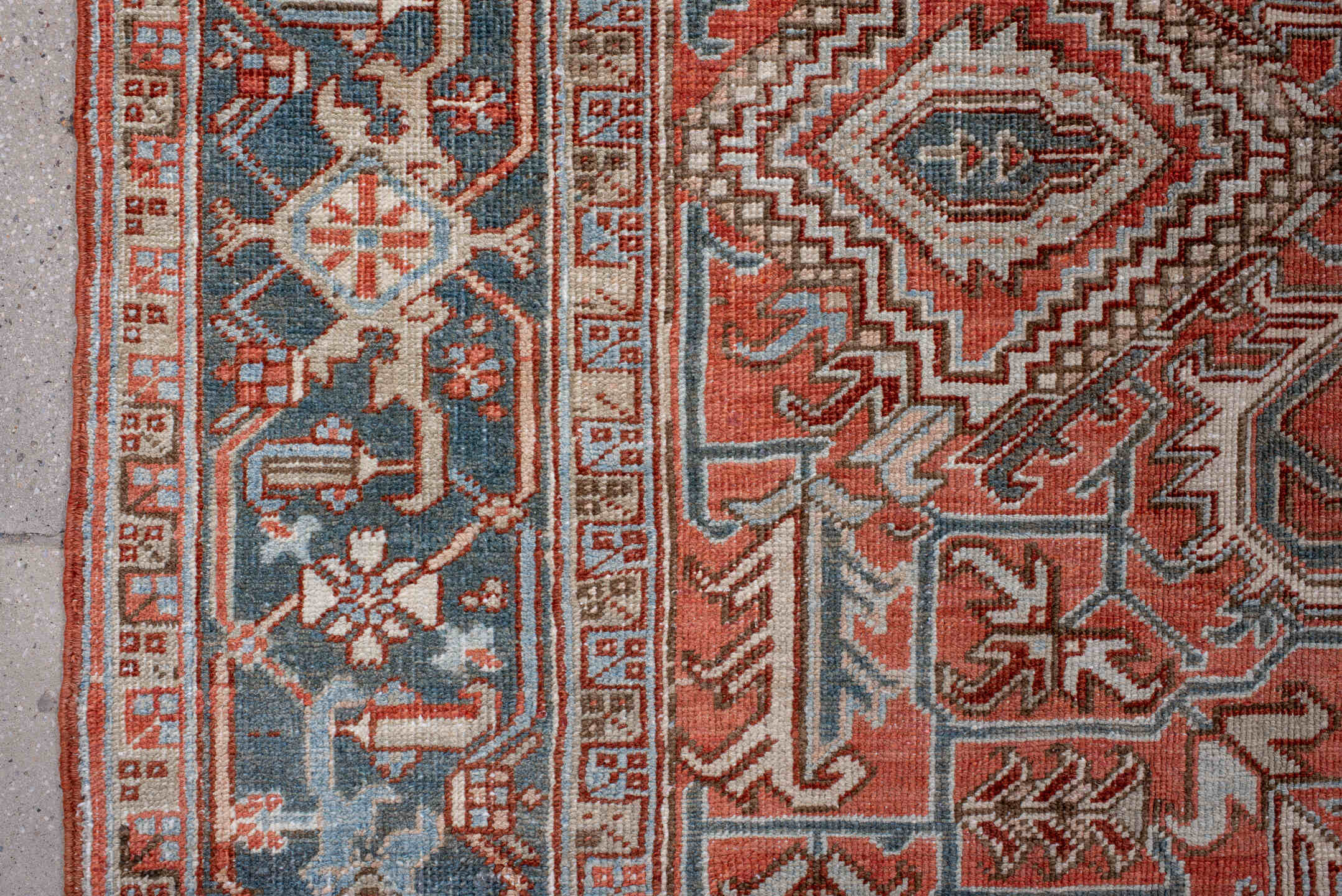 7' x 9' one-of-a-kind handmade antique Heriz rug. Color palette: rust, powder_blue, ivory, brown, slate, terracotta