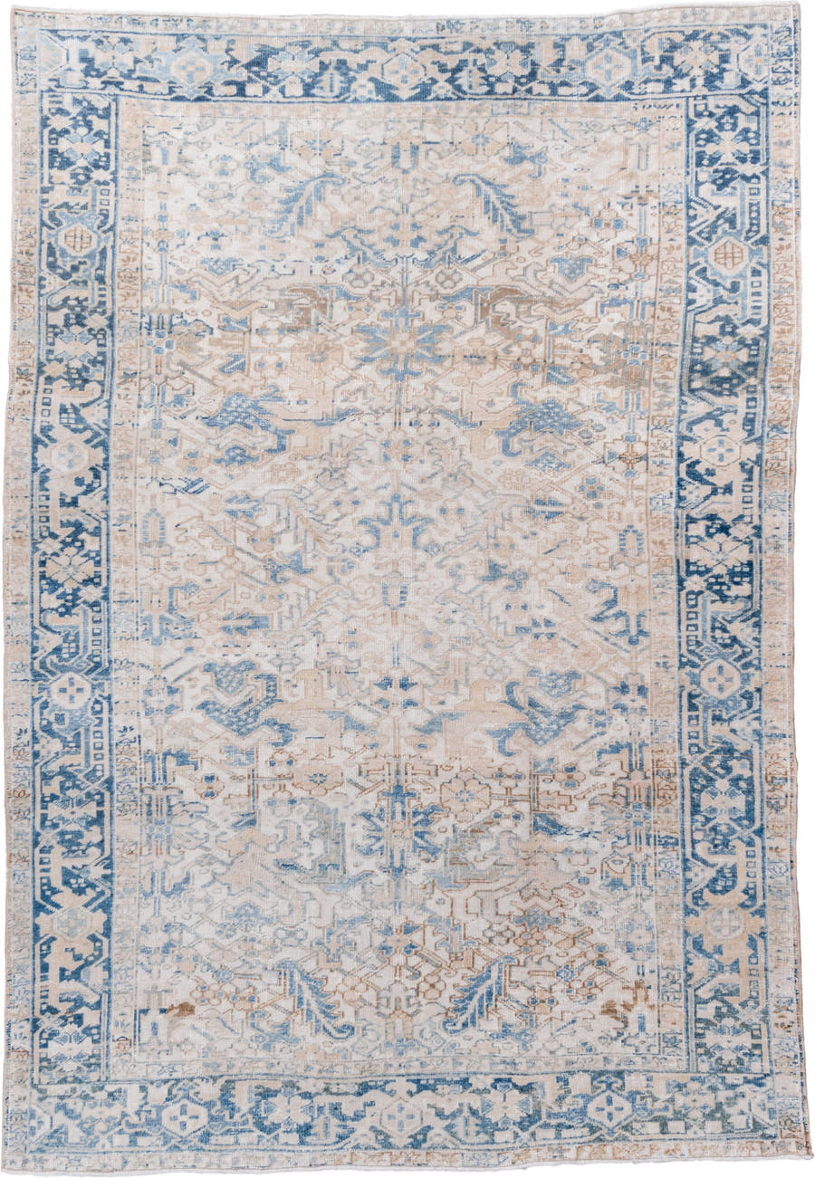 7' x 10' one-of-a-kind handmade vintage Heriz large size rug. Color palette: ivory, sky blue, beige, taupe, camel