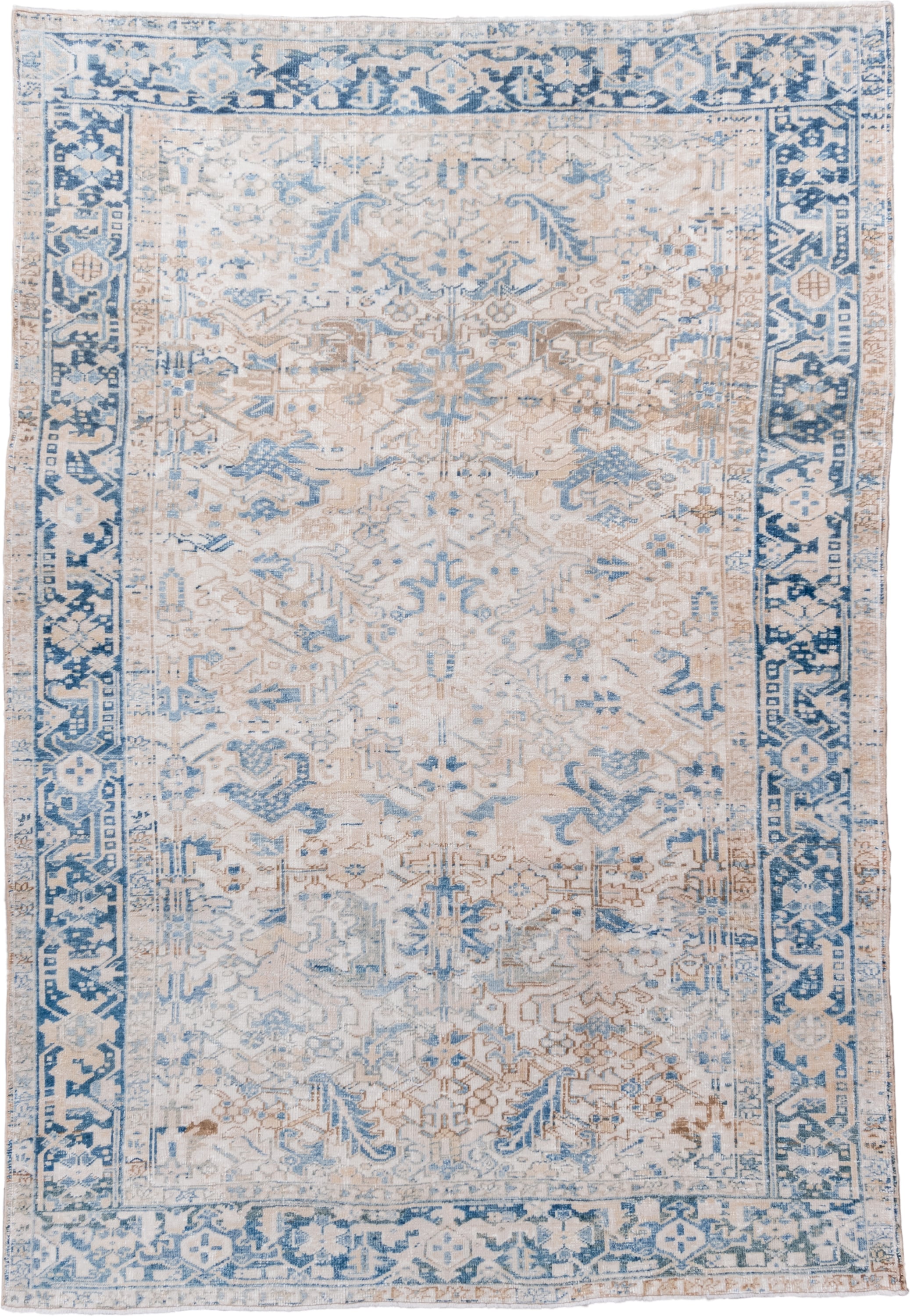 7' x 10' one-of-a-kind handmade vintage Heriz large size rug. Color palette: ivory, sky blue, beige, taupe, camel