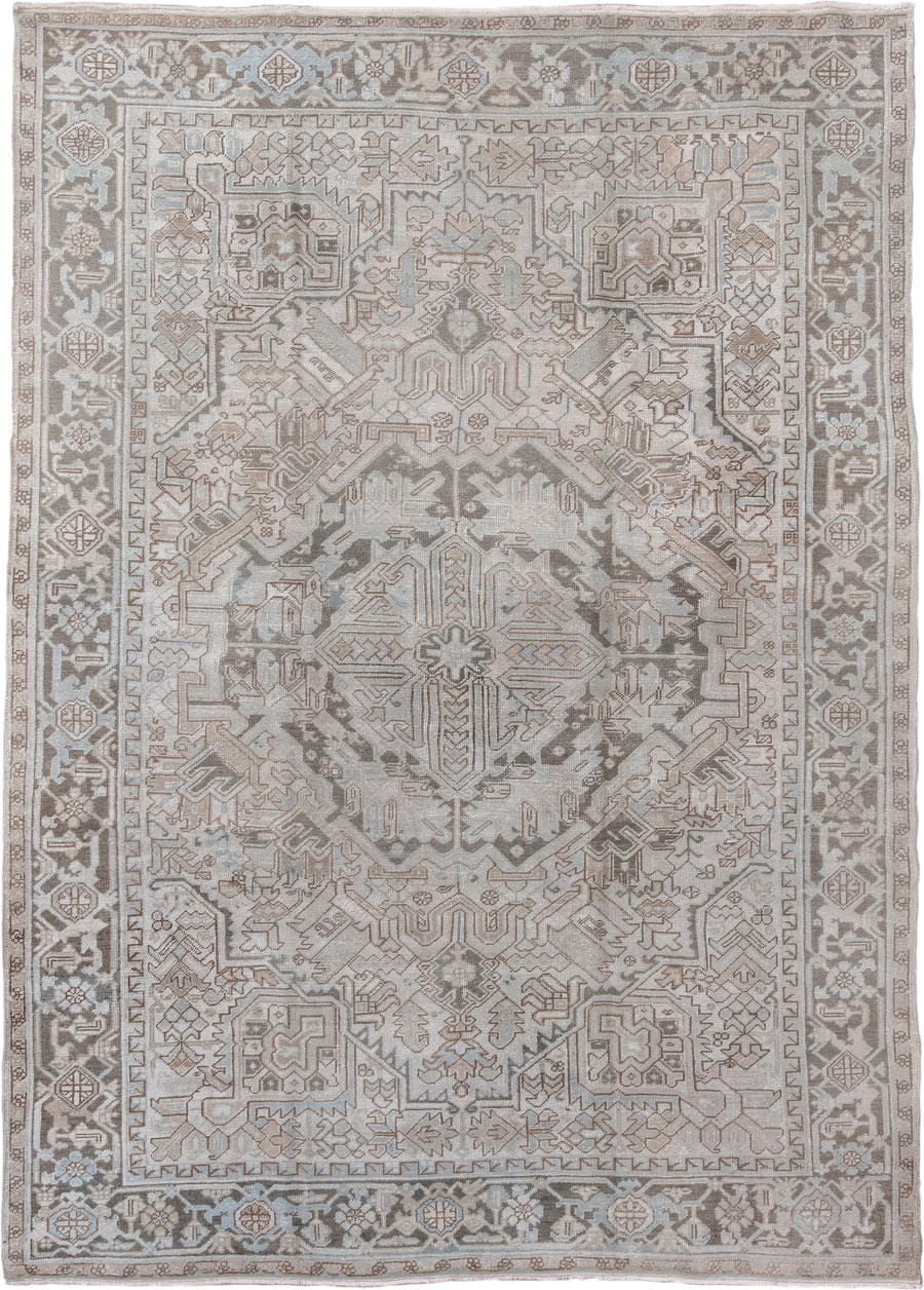 8' x 11' one-of-a-kind handmade antique Heriz large size rug. Color palette: ivory, taupe, gray, pale blue, beige, camel