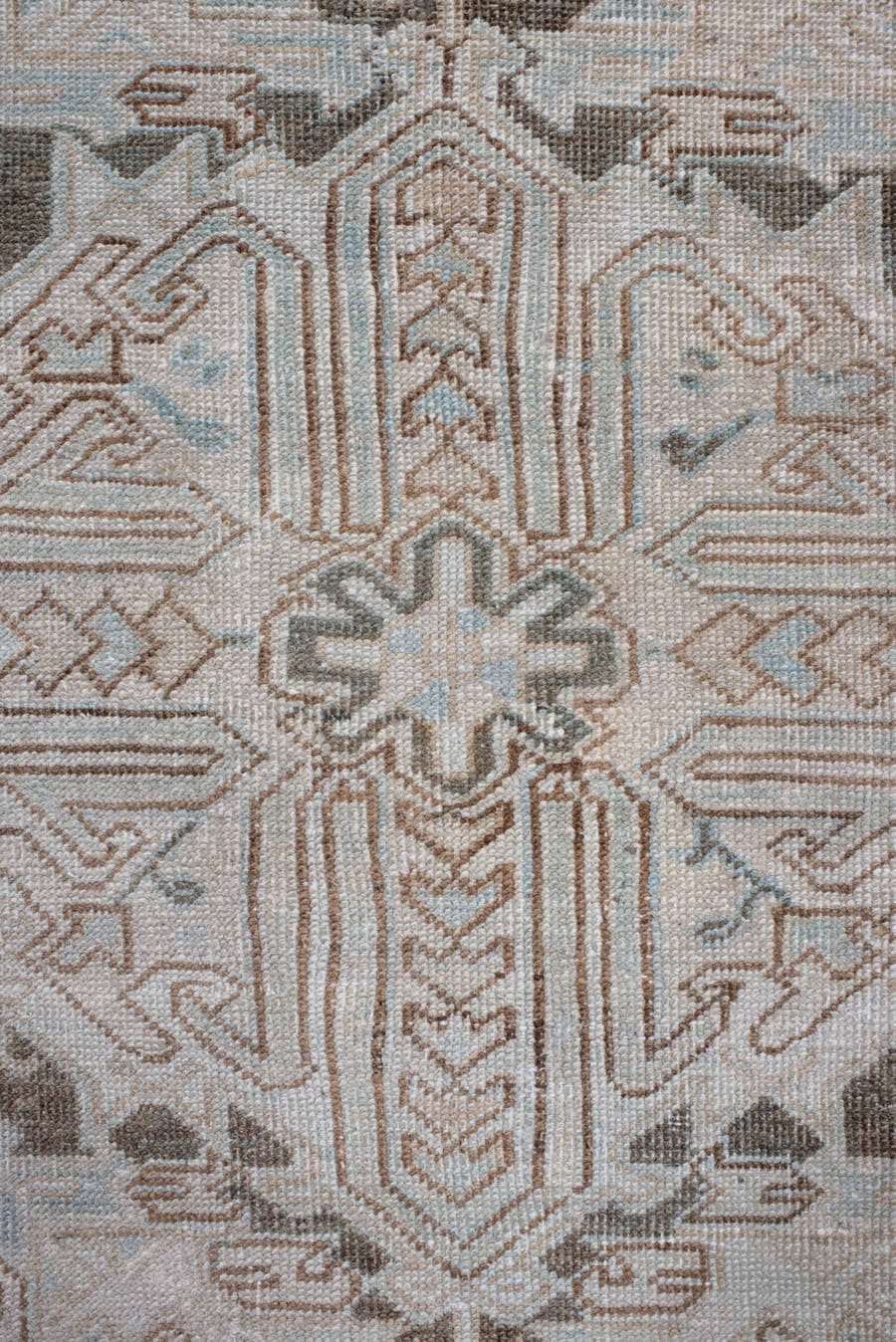 8' x 11' one-of-a-kind handmade antique Heriz large size rug. Color palette: ivory, taupe, gray, pale blue, beige, camel