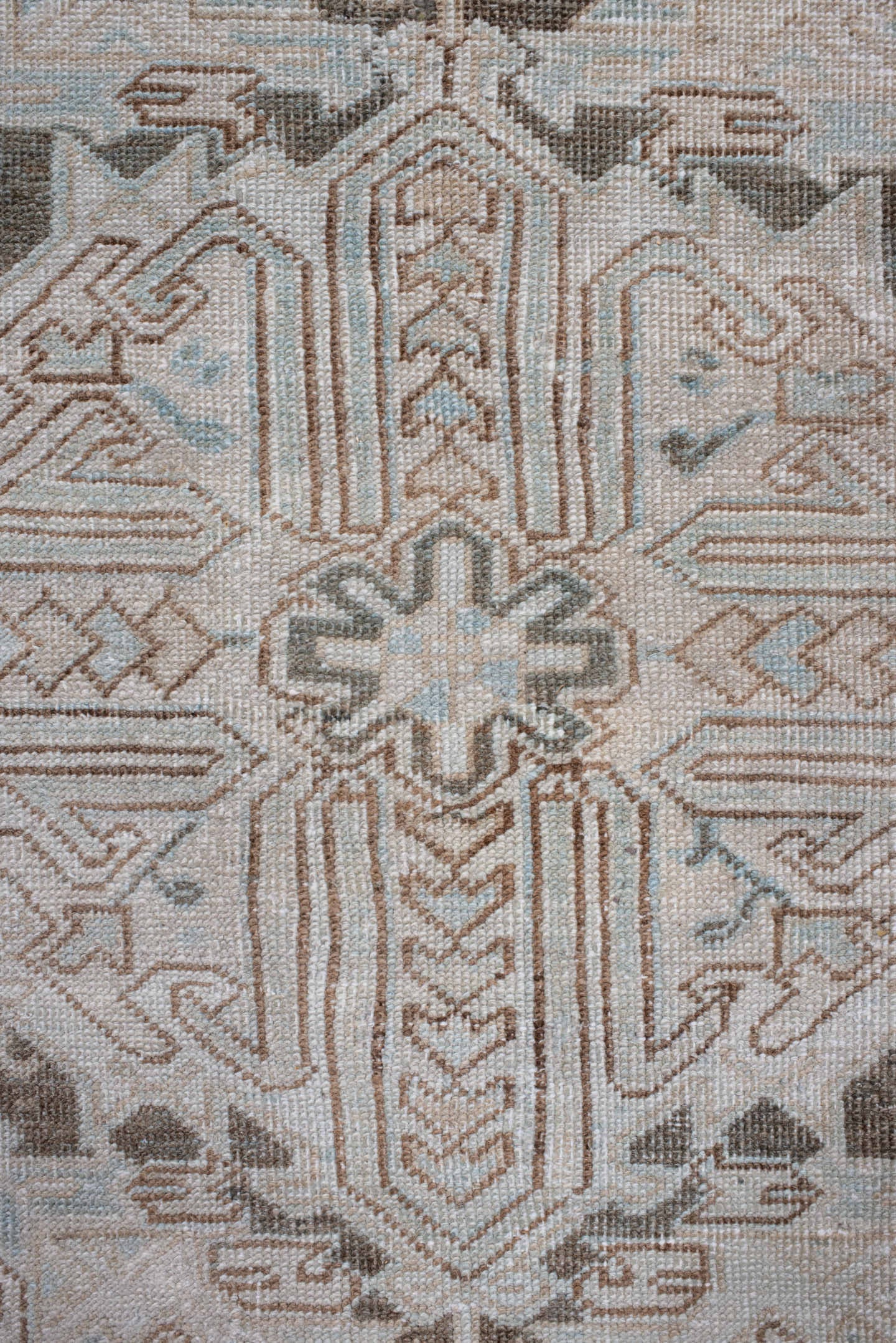 8' x 11' one-of-a-kind handmade antique Heriz large size rug. Color palette: ivory, taupe, gray, pale blue, beige, camel