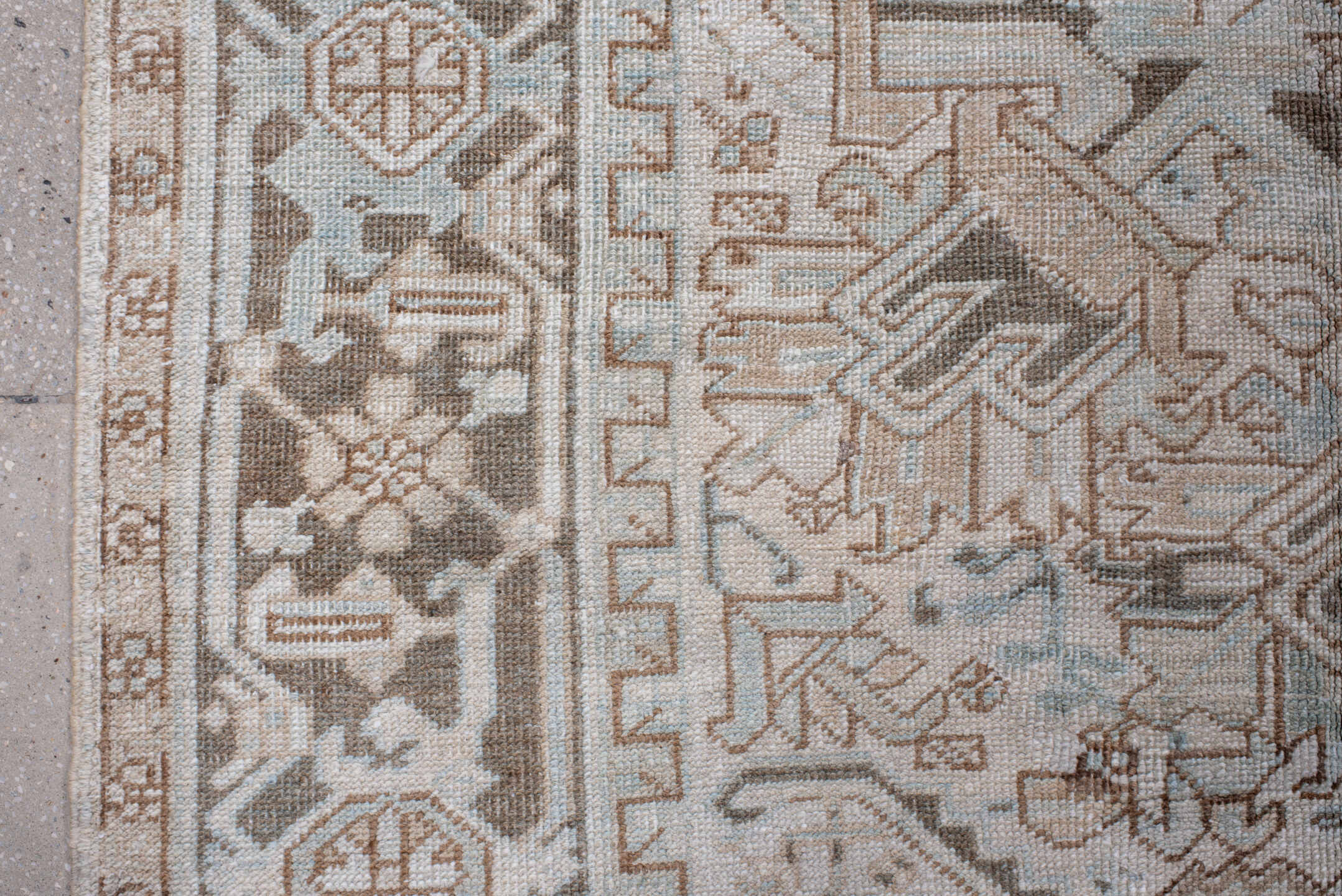 8' x 11' one-of-a-kind handmade antique Heriz large size rug. Color palette: ivory, taupe, gray, pale blue, beige, camel