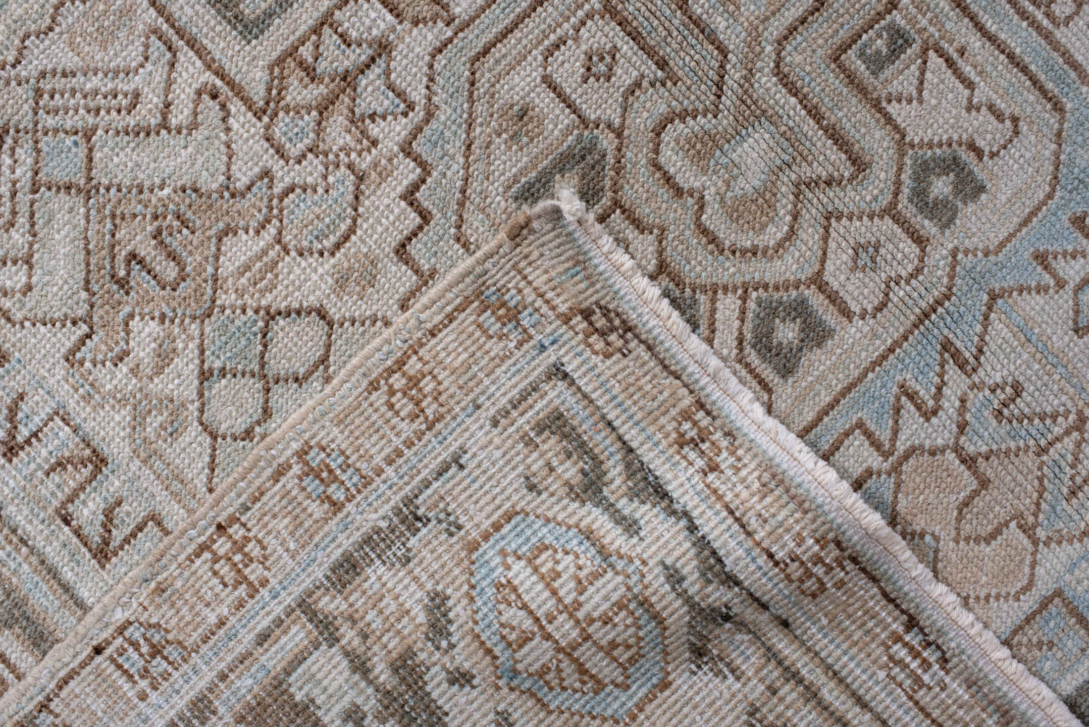 8' x 11' one-of-a-kind handmade antique Heriz large size rug. Color palette: ivory, taupe, gray, pale blue, beige, camel