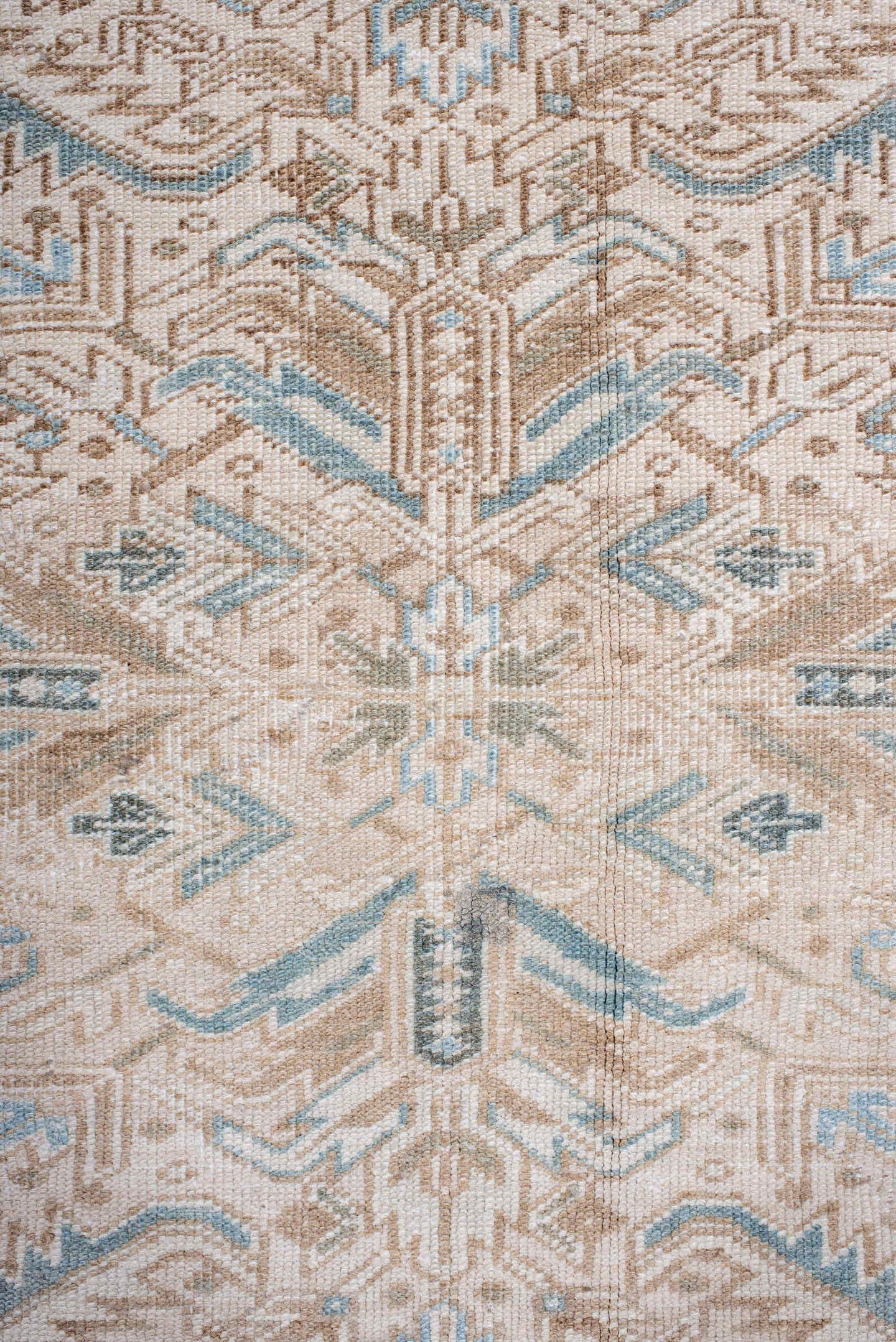 7' x 8' one-of-a-kind handmade antique Heriz rug. Color palette: ivory, camel, pale blue, taupe, beige, light brown