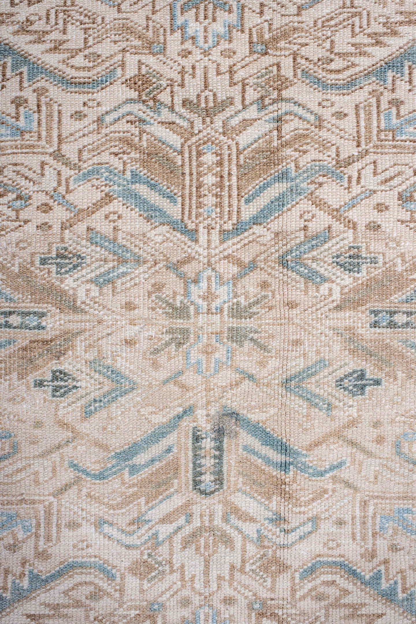 7' x 8' one-of-a-kind handmade antique Heriz rug. Color palette: ivory, camel, pale blue, taupe, beige, light brown