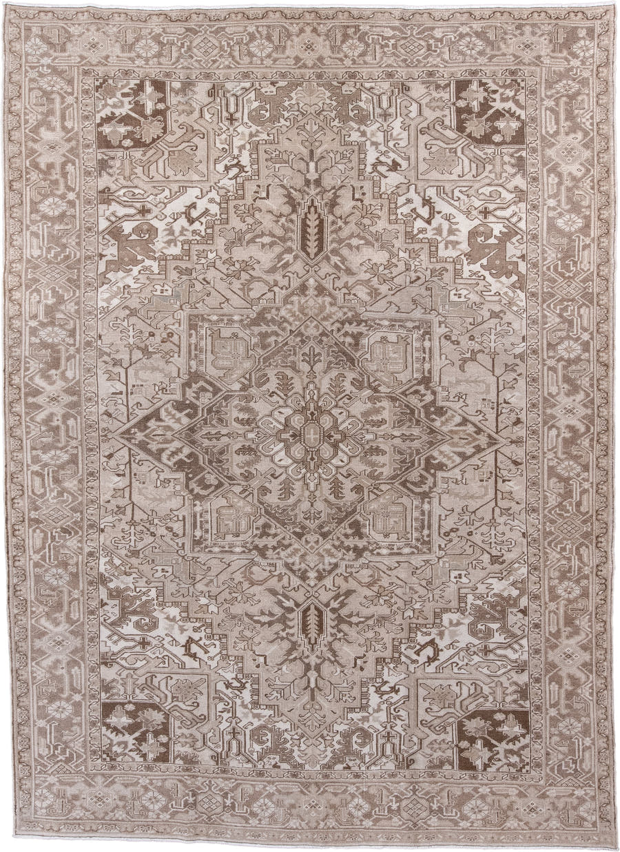 8' x 11' one-of-a-kind handmade antique Heriz large size rug. Color palette: taupe, ivory, beige, brown, camel, cream, gray