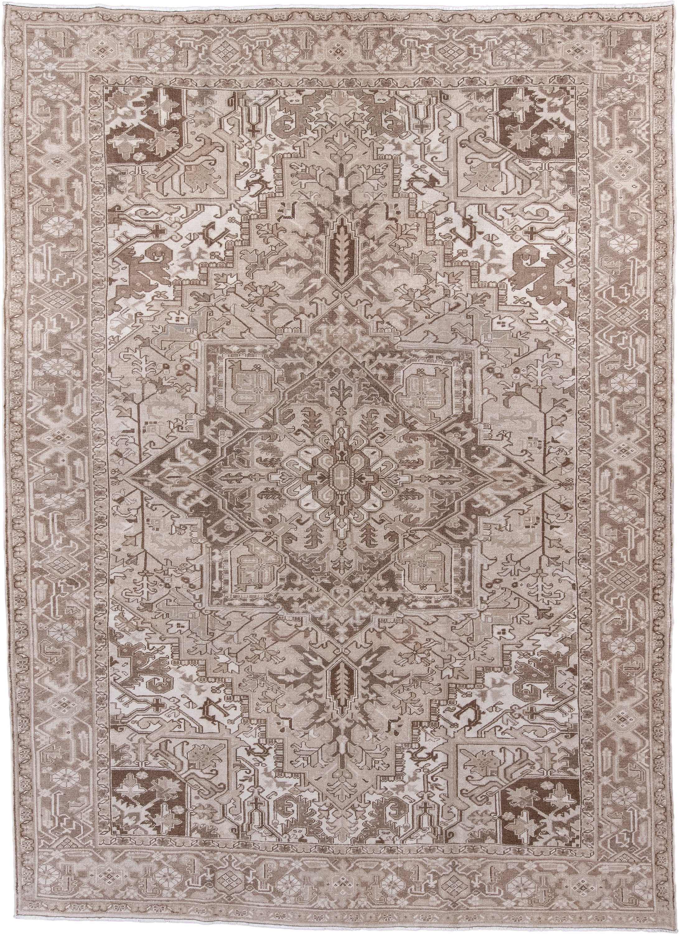 8' x 11' one-of-a-kind handmade antique Heriz large size rug. Color palette: taupe, ivory, beige, brown, camel, cream, gray