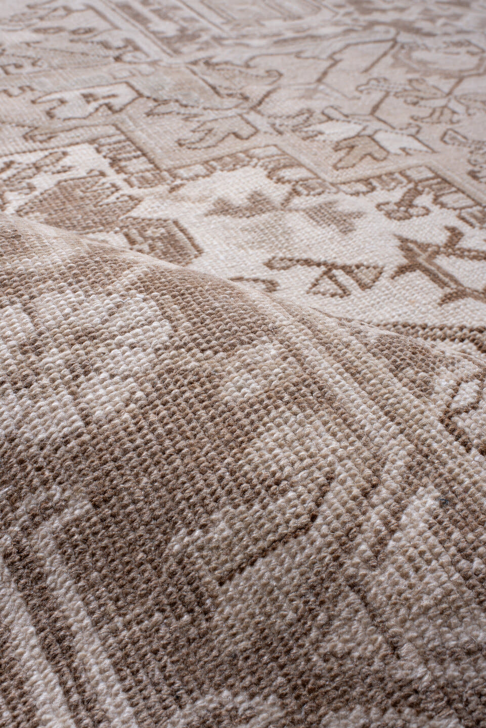 8' x 11' one-of-a-kind handmade antique Heriz large size rug. Color palette: taupe, ivory, beige, brown, camel, cream, gray