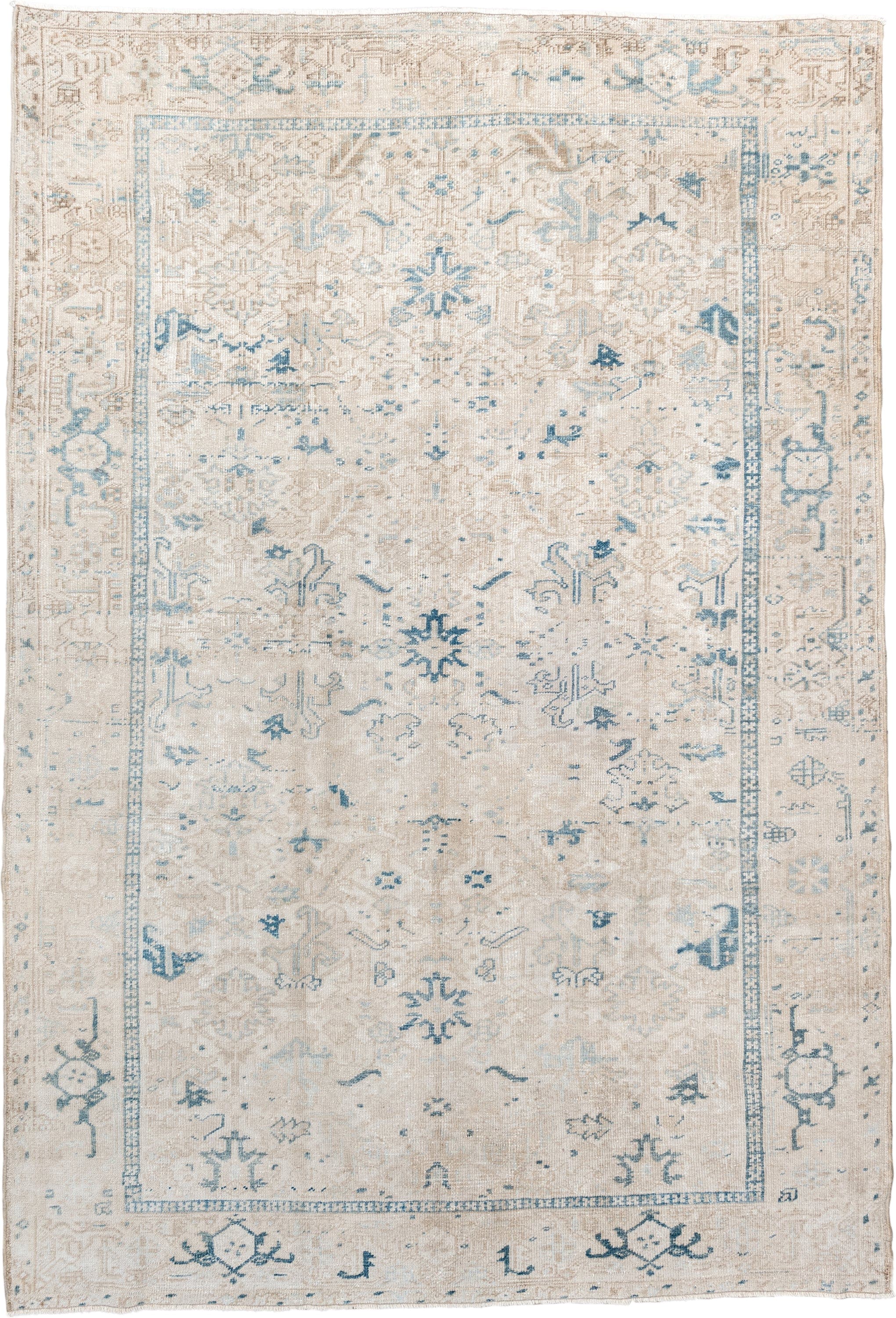 7' x 10' one-of-a-kind handmade vintage Heriz large size rug. Color palette: ivory, pale blue, taupe, beige, light gray