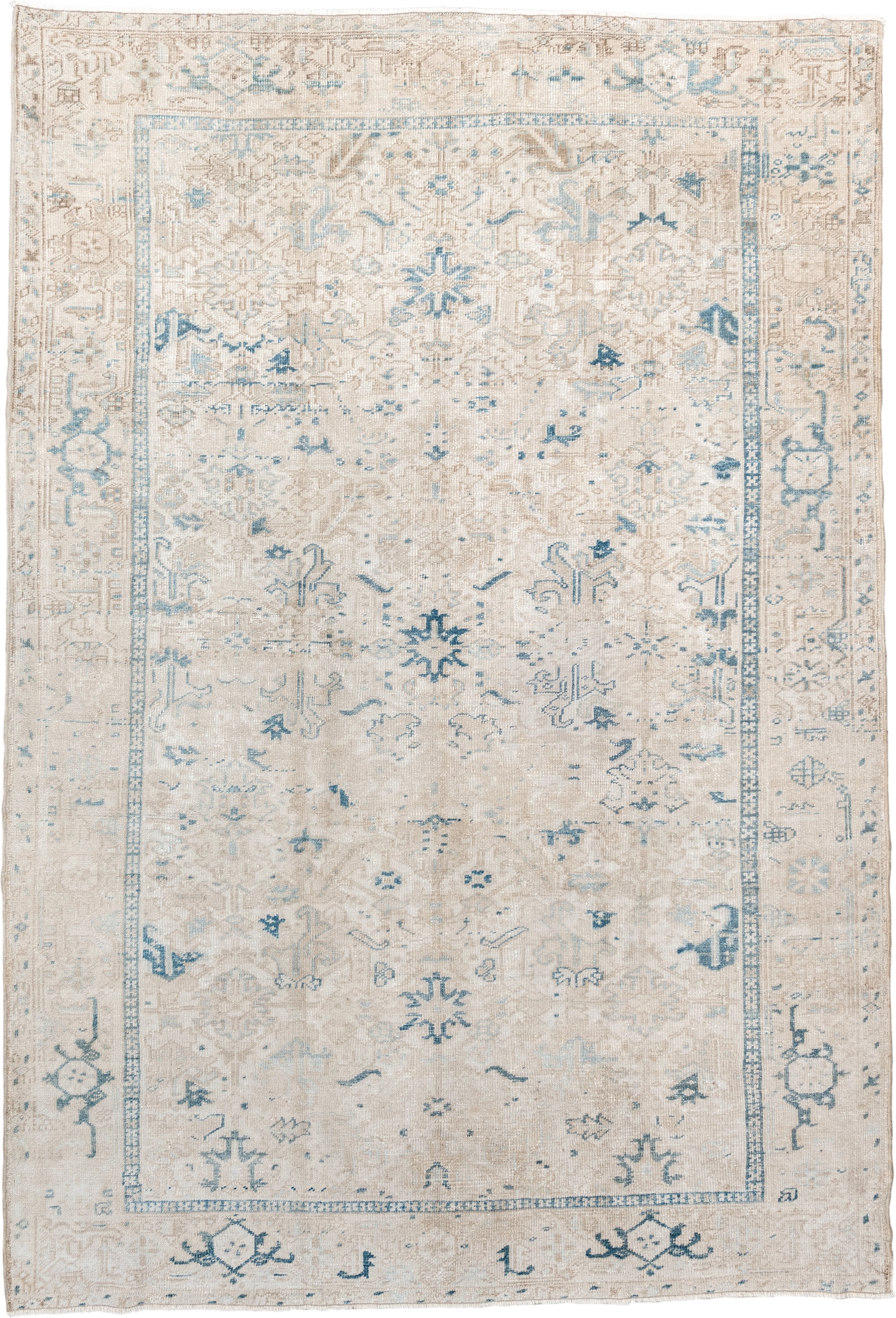 7' x 10' one-of-a-kind handmade vintage Heriz large size rug. Color palette: ivory, pale blue, taupe, beige, light gray