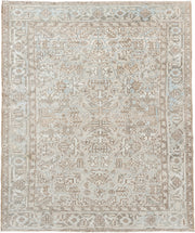 7' x 8' one-of-a-kind handmade vintage Heriz rug. Color palette: ivory, pale blue, taupe, beige, light gray, camel