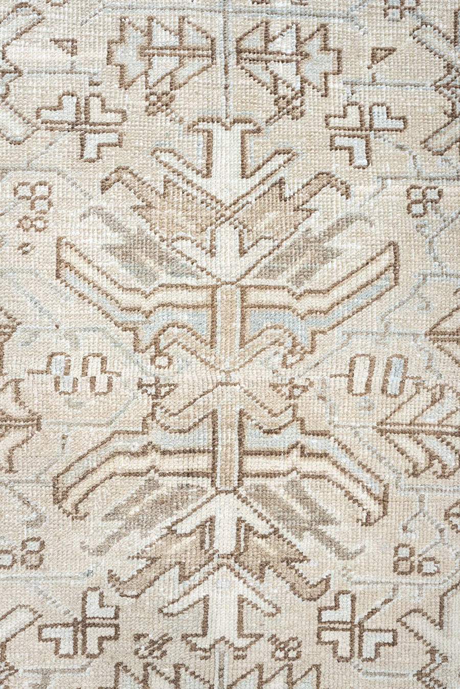 7' x 8' one-of-a-kind handmade vintage Heriz rug. Color palette: ivory, pale blue, taupe, beige, light gray, camel