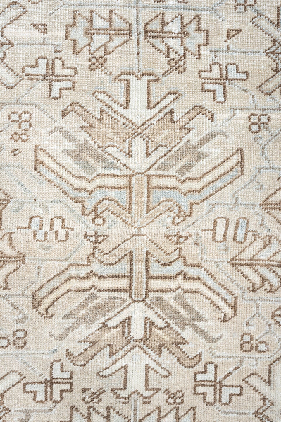 7' x 8' one-of-a-kind handmade vintage Heriz rug. Color palette: ivory, pale blue, taupe, beige, light gray, camel