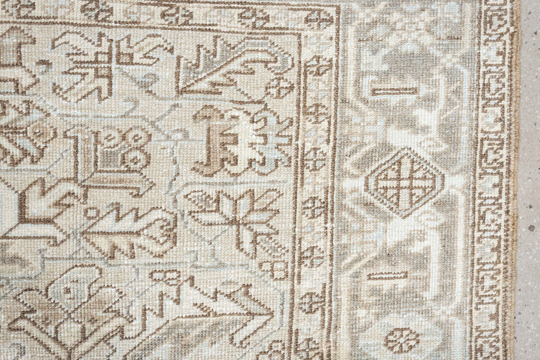 7' x 8' one-of-a-kind handmade vintage Heriz rug. Color palette: ivory, pale blue, taupe, beige, light gray, camel