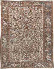 7' x 9' one-of-a-kind handmade vintage Heriz rug. Color palette: ivory, blue gray, rust, camel, sage, terracotta, taupe