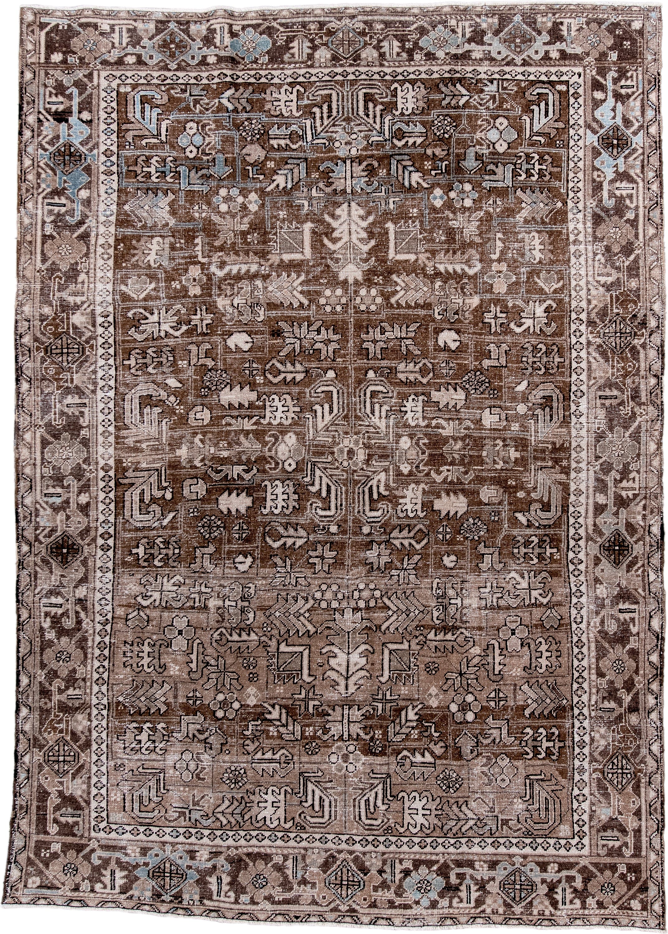7' x 10' one-of-a-kind handmade antique Heriz large size rug. Color palette: brown, taupe, ivory, camel, slate, pale blue