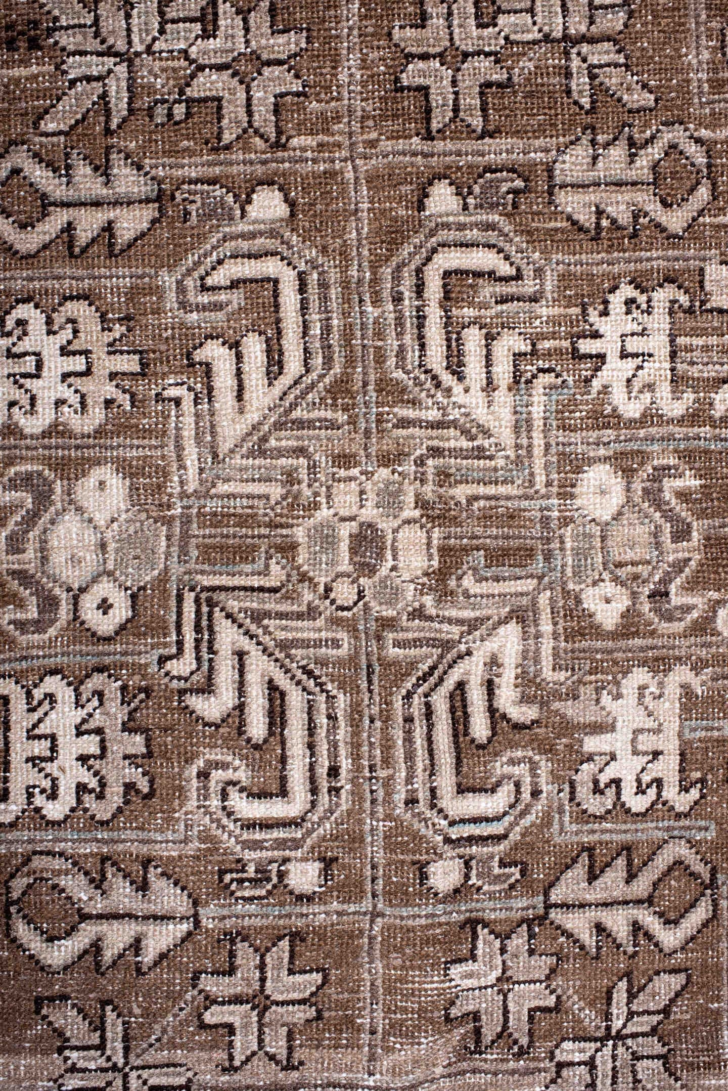7' x 10' one-of-a-kind handmade antique Heriz large size rug. Color palette: brown, taupe, ivory, camel, slate, pale blue