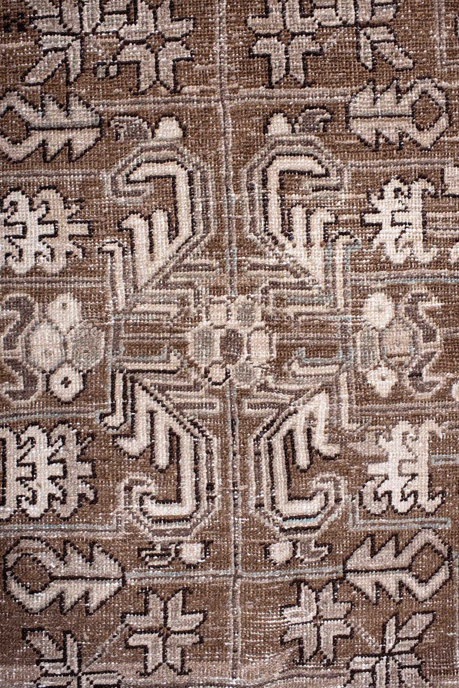 7' x 10' one-of-a-kind handmade antique Heriz large size rug. Color palette: brown, taupe, ivory, camel, slate, pale blue