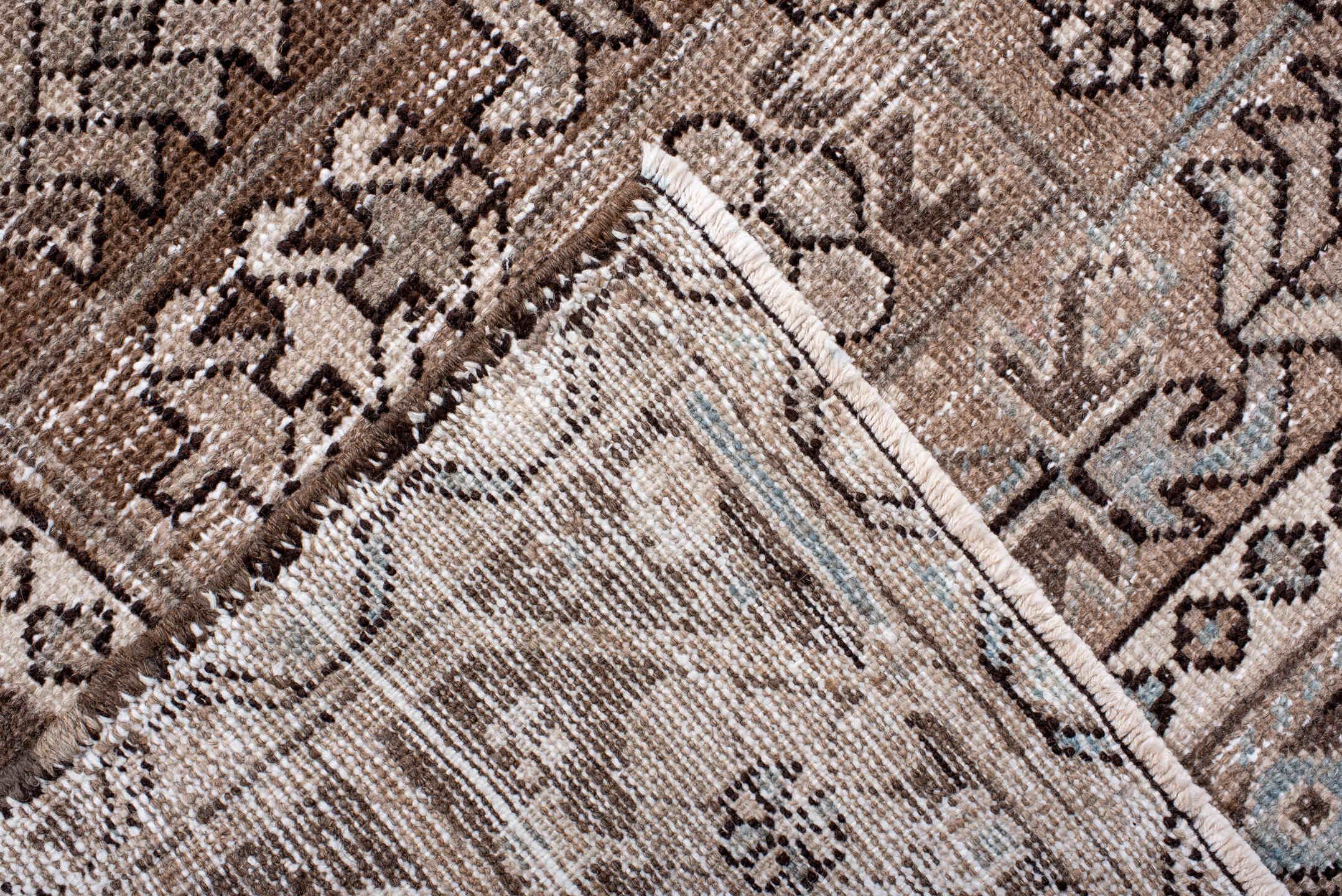 7' x 10' one-of-a-kind handmade antique Heriz large size rug. Color palette: brown, taupe, ivory, camel, slate, pale blue