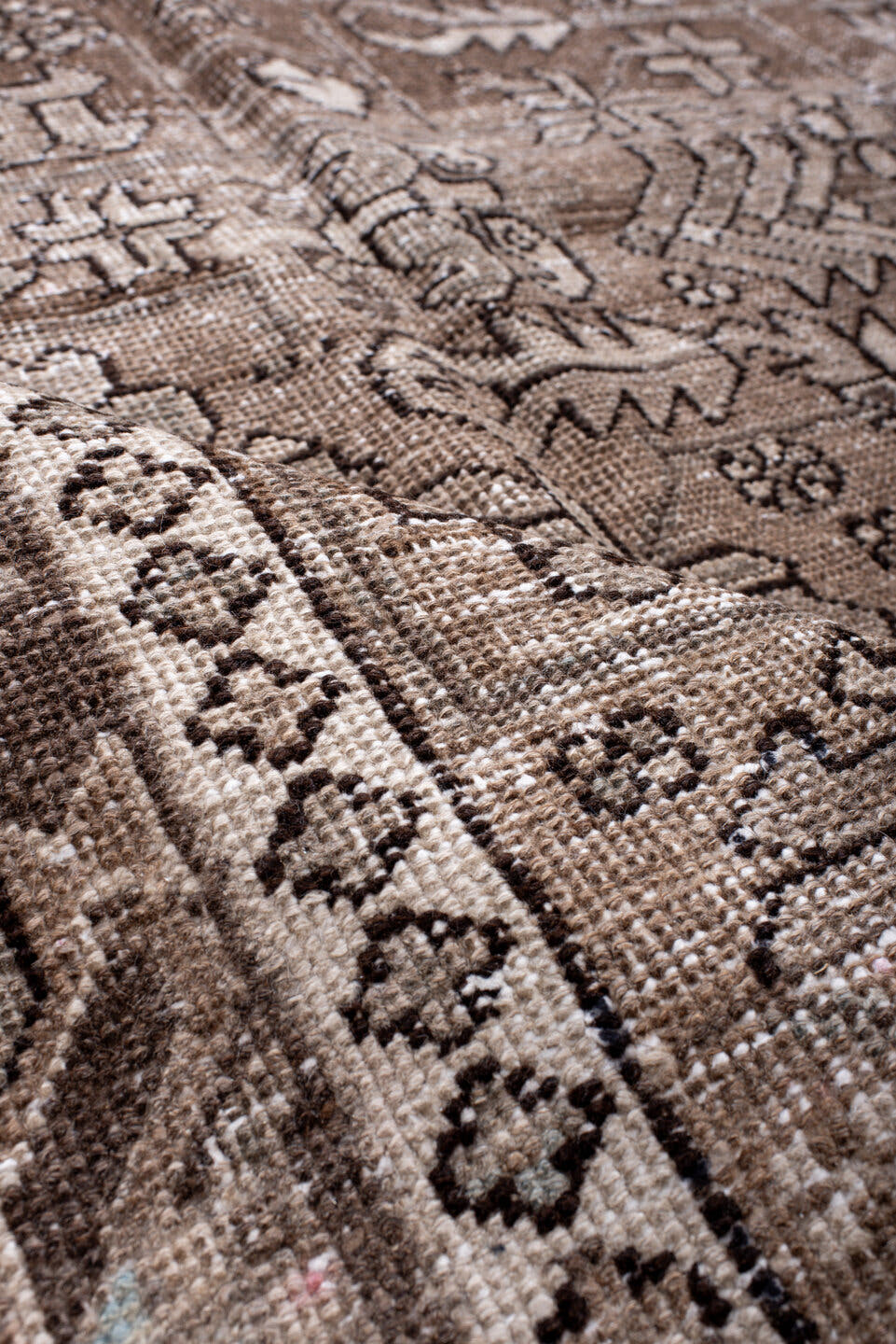 7' x 10' one-of-a-kind handmade antique Heriz large size rug. Color palette: brown, taupe, ivory, camel, slate, pale blue