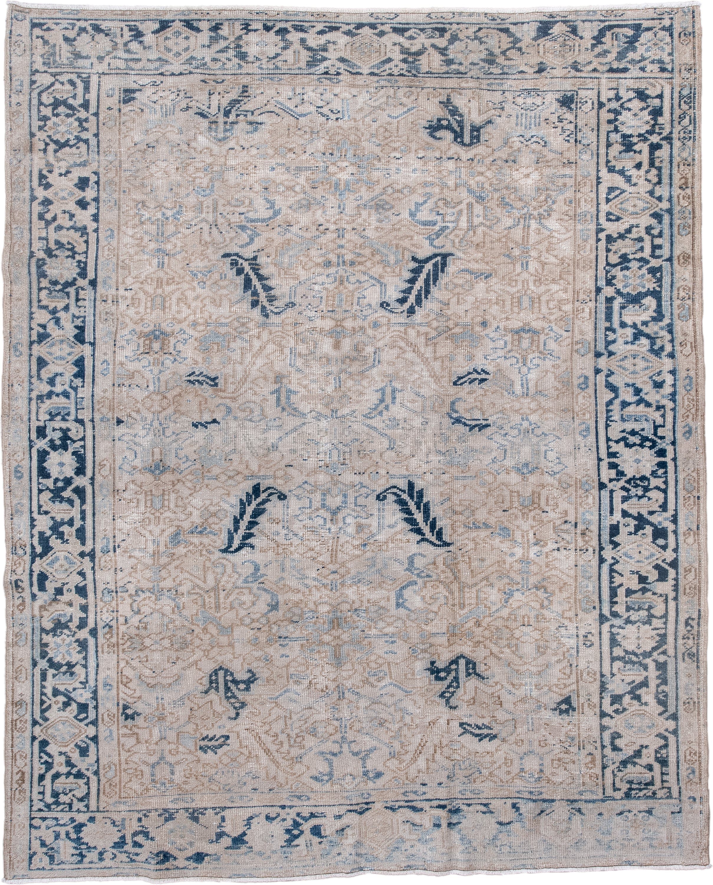 7' x 8' one-of-a-kind handmade vintage Heriz rug. Color palette: ivory, blue, taupe, navy, beige, cream, gray