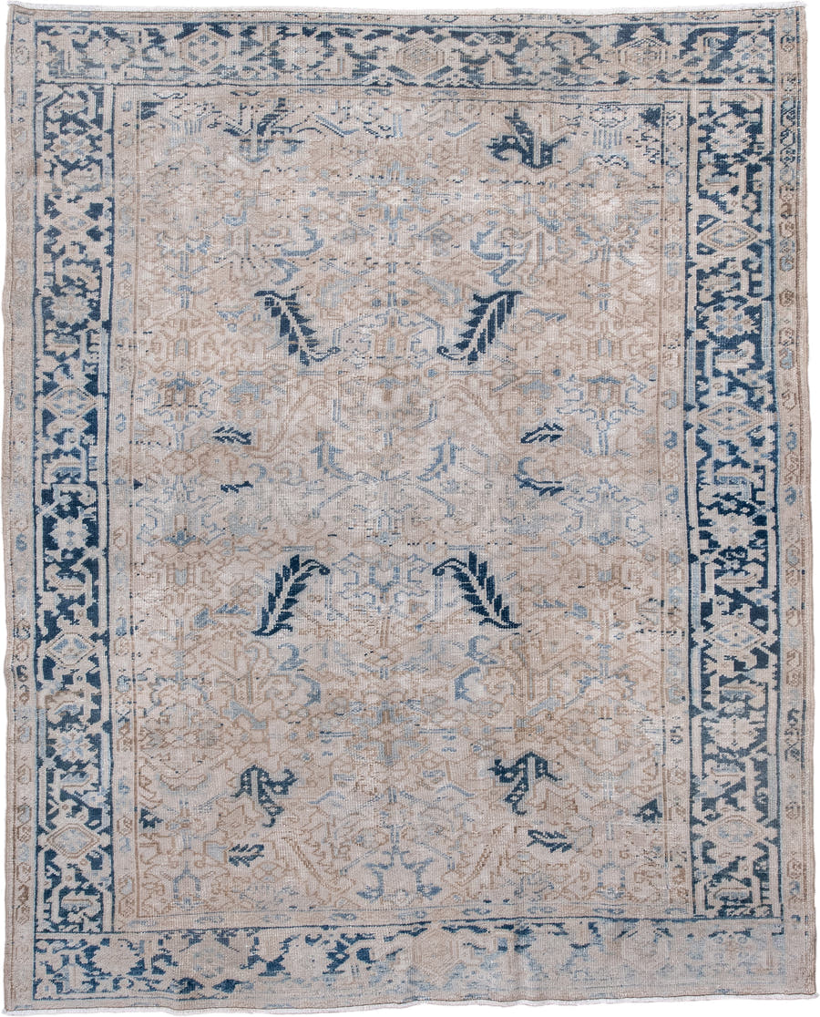 7' x 8' one-of-a-kind handmade vintage Heriz rug. Color palette: ivory, blue, taupe, navy, beige, cream, gray