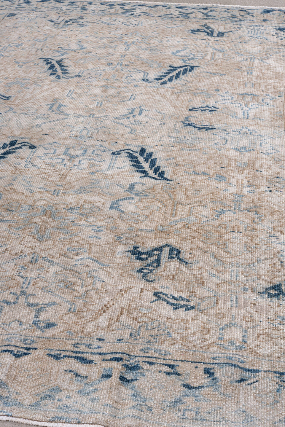 7' x 8' one-of-a-kind handmade vintage Heriz rug. Color palette: ivory, blue, taupe, navy, beige, cream, gray