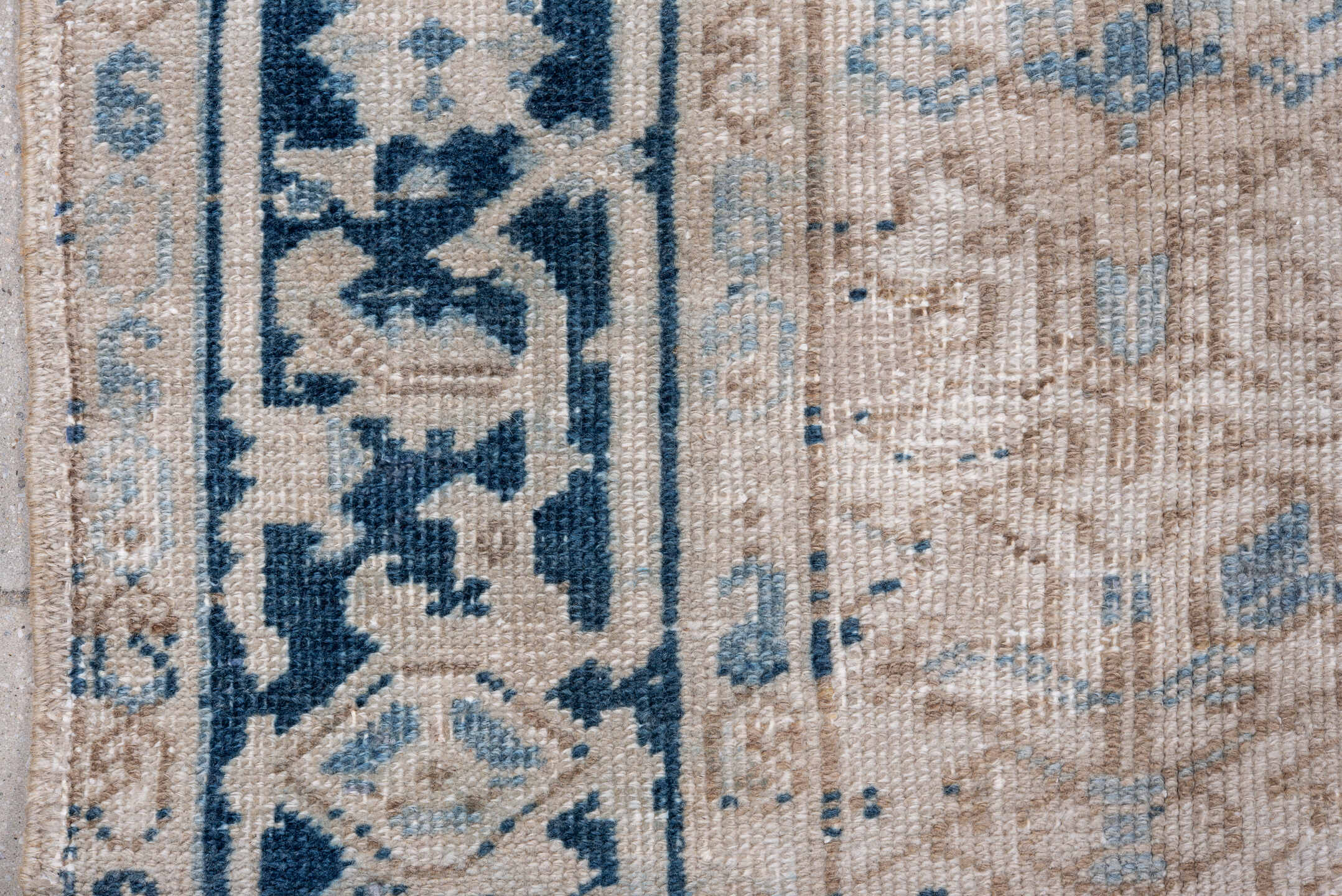 7' x 8' one-of-a-kind handmade vintage Heriz rug. Color palette: ivory, blue, taupe, navy, beige, cream, gray