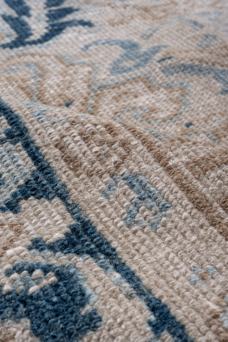 7' x 8' one-of-a-kind handmade vintage Heriz rug. Color palette: ivory, blue, taupe, navy, beige, cream, gray