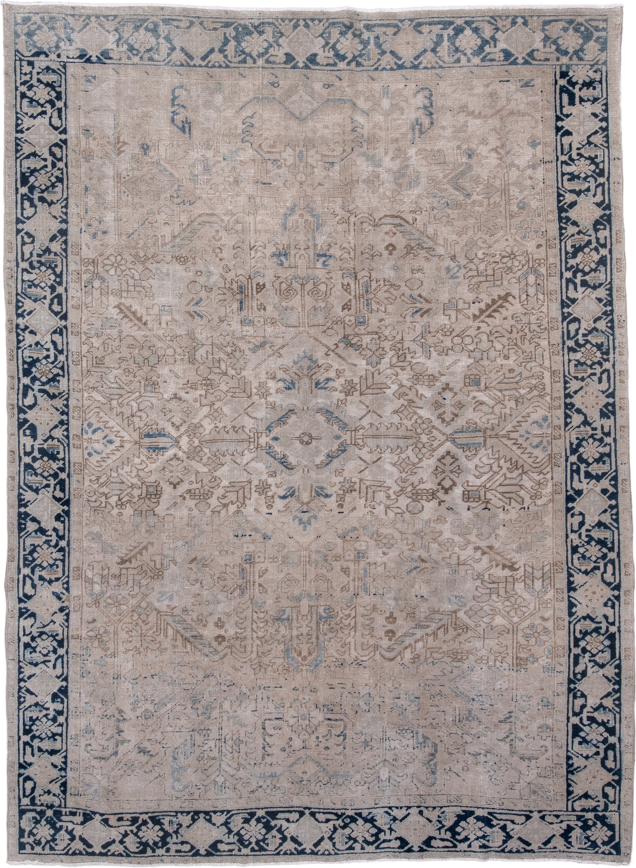 7' x 10' one-of-a-kind handmade antique Heriz large size rug. Color palette: ivory, navy, taupe, slate, beige, powder_blue
