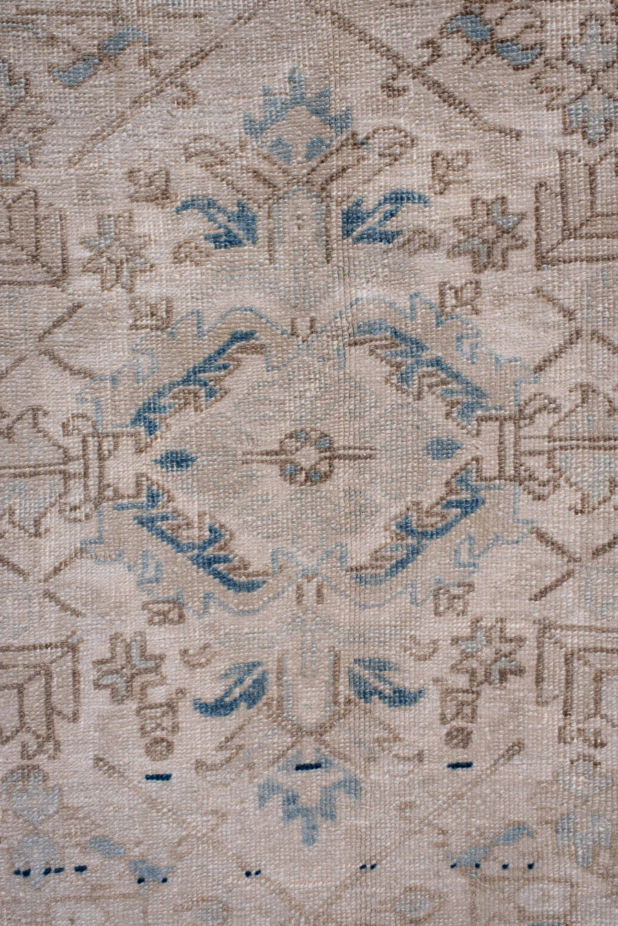 7' x 10' one-of-a-kind handmade antique Heriz large size rug. Color palette: ivory, navy, taupe, slate, beige, powder_blue