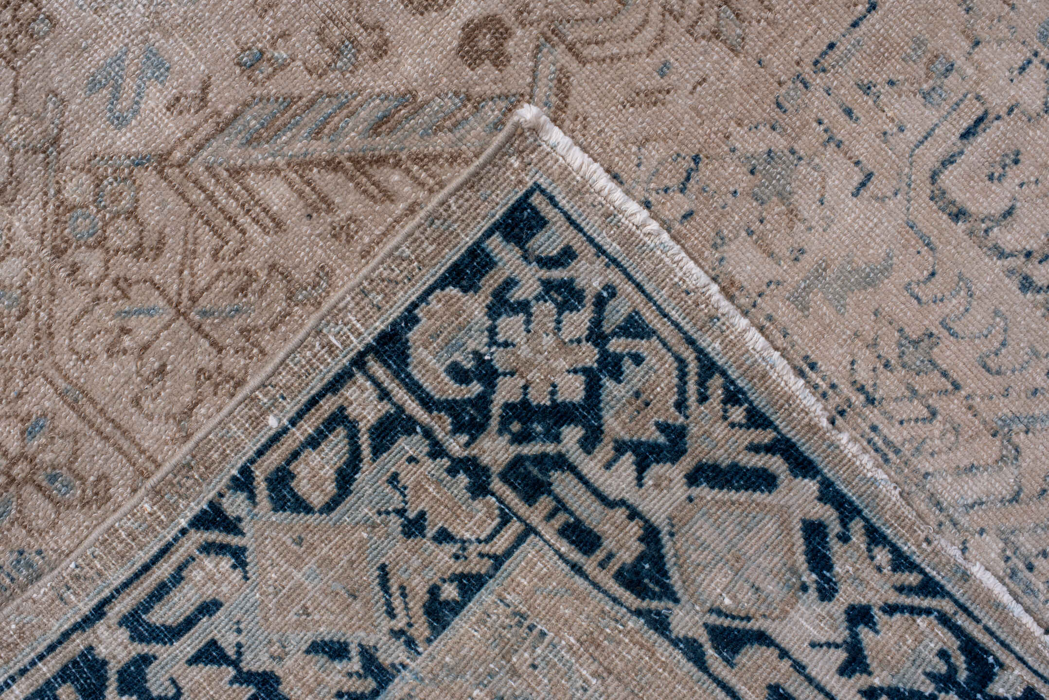 7' x 10' one-of-a-kind handmade antique Heriz large size rug. Color palette: ivory, navy, taupe, slate, beige, powder_blue