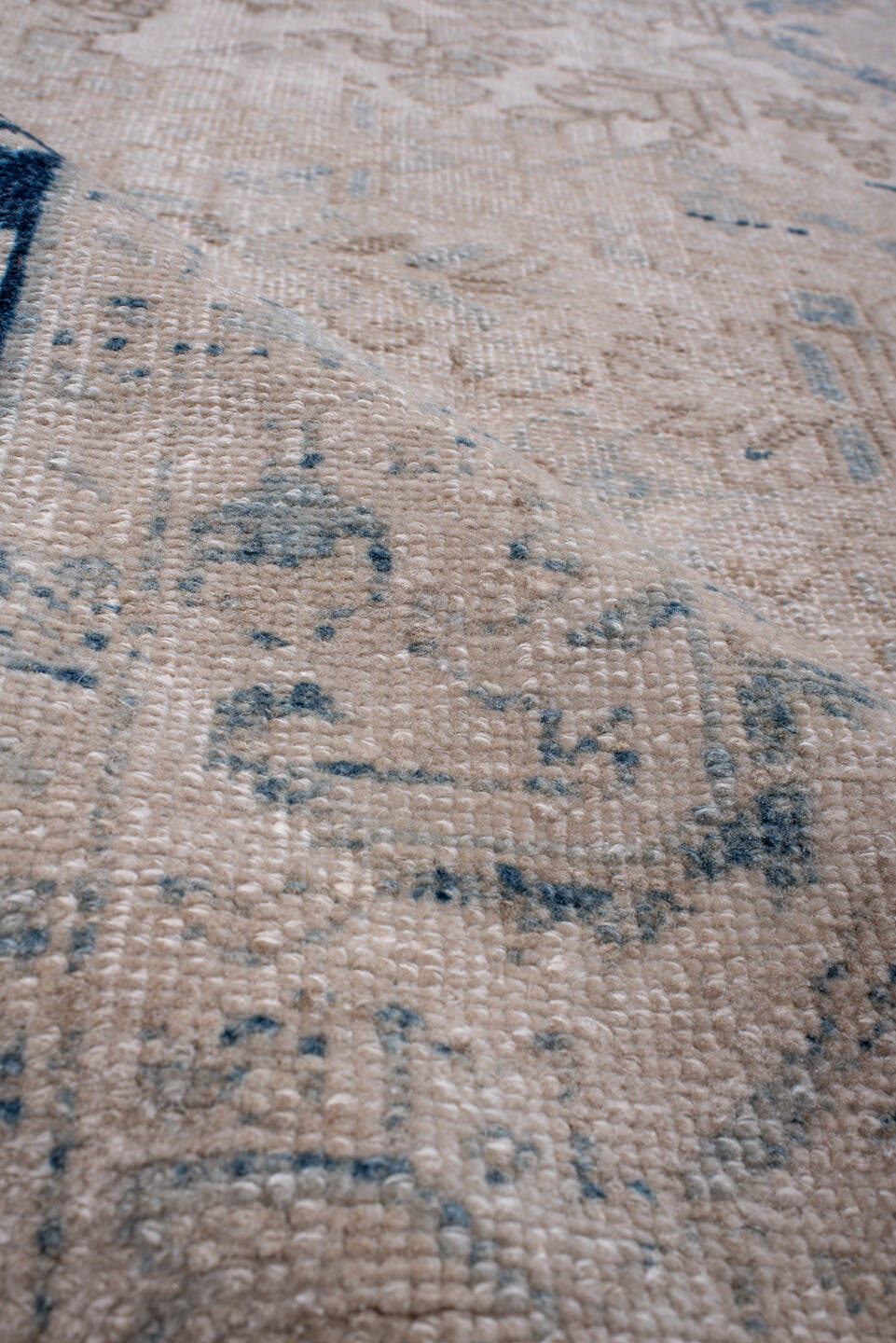 7' x 10' one-of-a-kind handmade antique Heriz large size rug. Color palette: ivory, navy, taupe, slate, beige, powder_blue