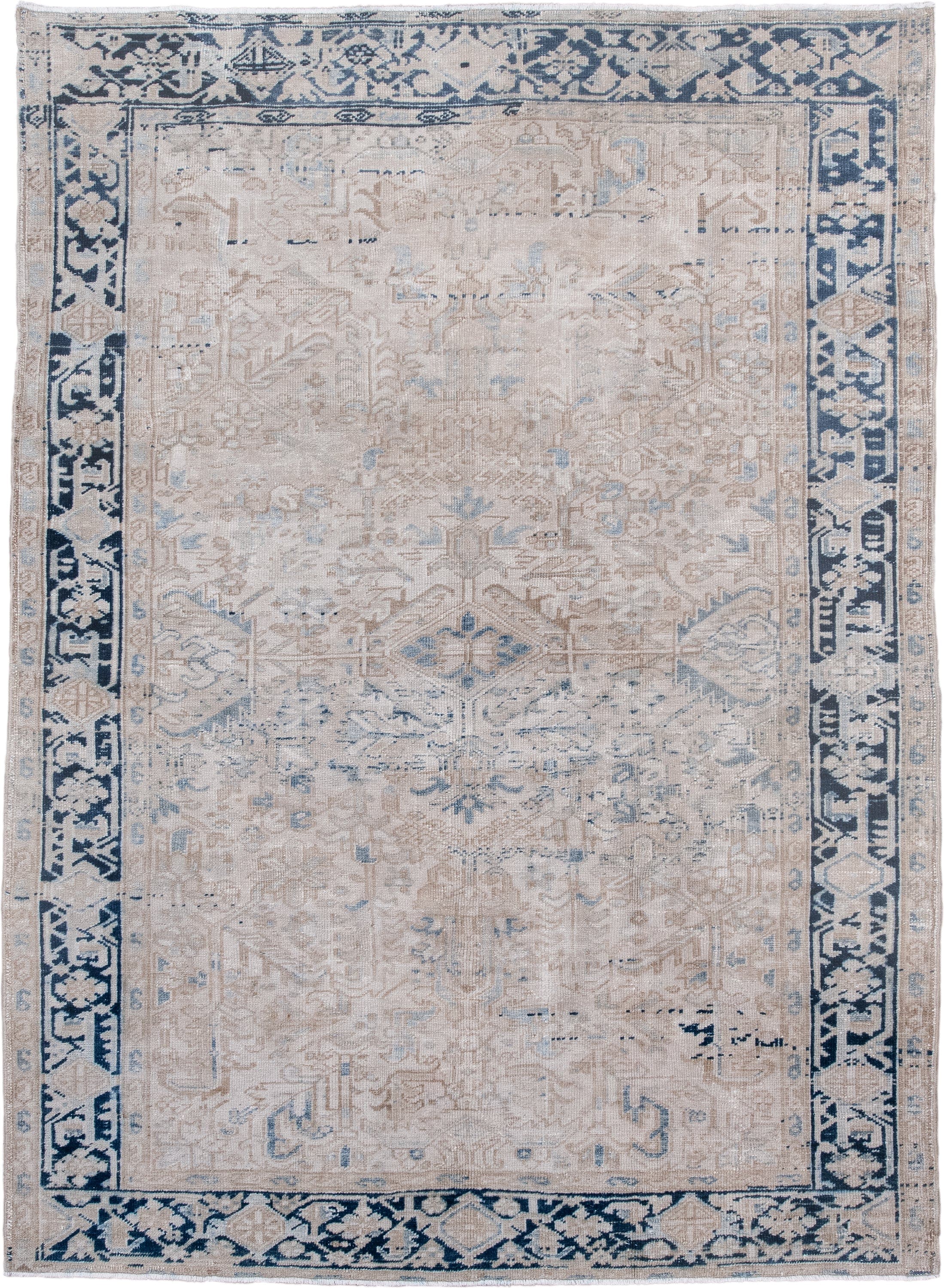 6' x 8' one-of-a-kind handmade antique Heriz medium size rug. Color palette: ivory, indigo, beige, light blue, taupe, purple