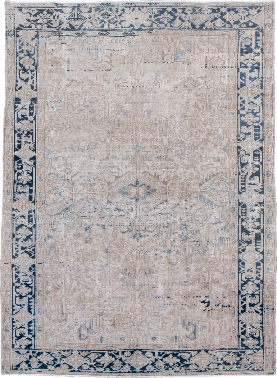6' x 8' one-of-a-kind handmade antique Heriz medium size rug. Color palette: ivory, indigo, beige, light blue, taupe, purple