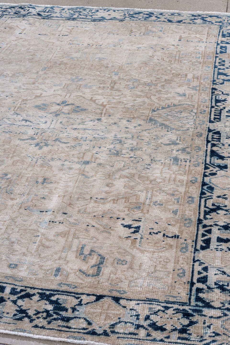 6' x 8' one-of-a-kind handmade antique Heriz medium size rug. Color palette: ivory, indigo, beige, light blue, taupe, purple