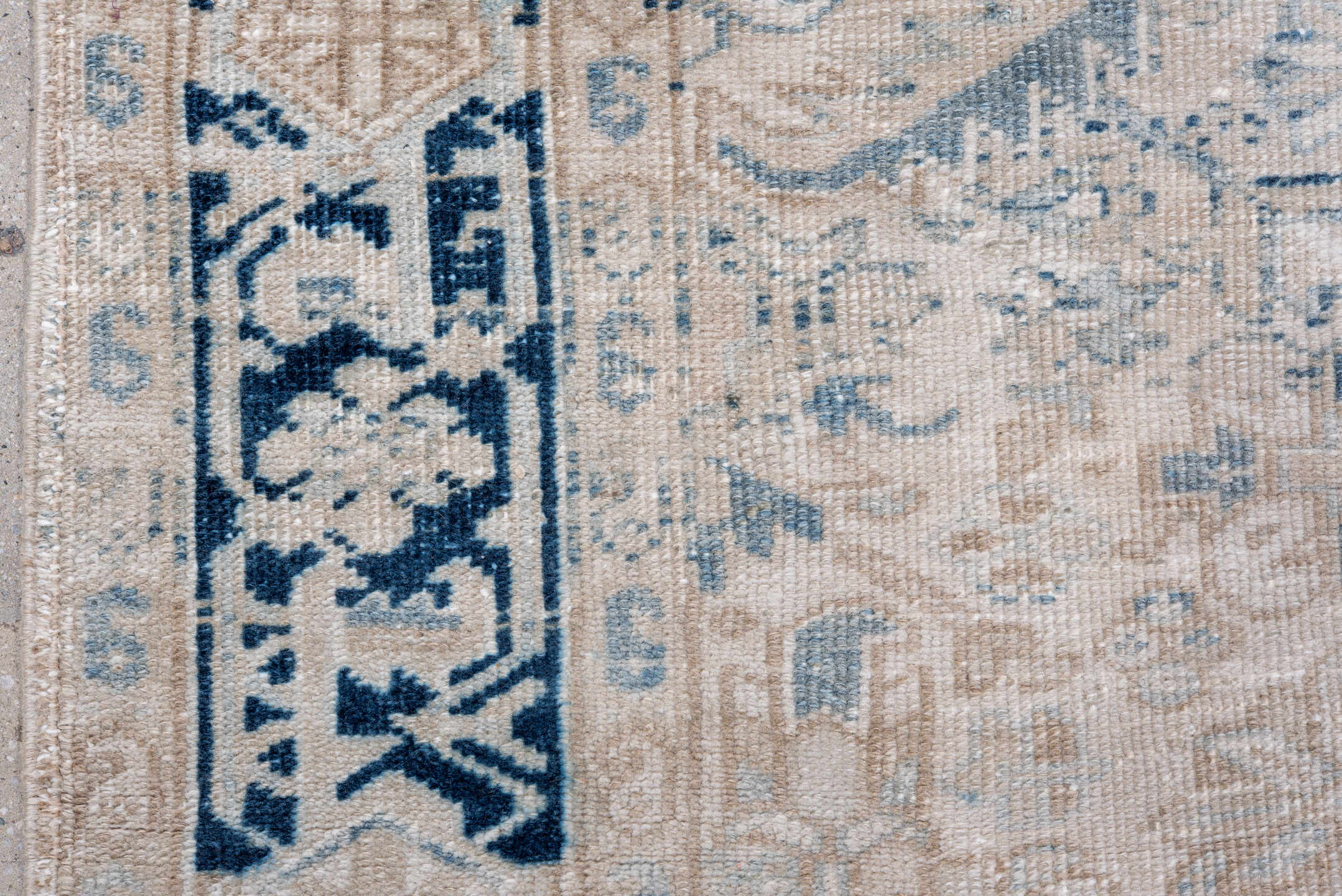 6' x 8' one-of-a-kind handmade antique Heriz medium size rug. Color palette: ivory, indigo, beige, light blue, taupe, purple