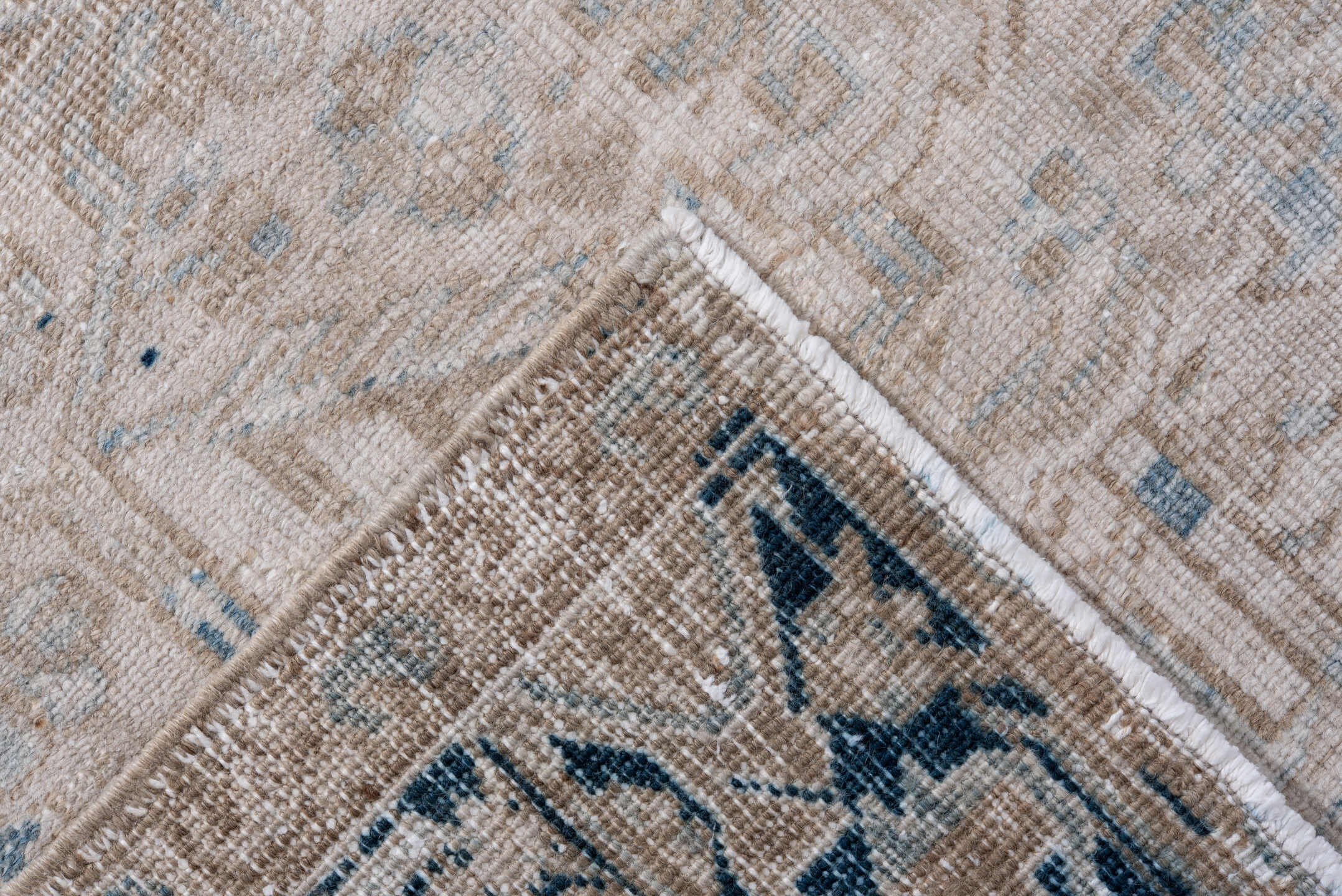 6' x 8' one-of-a-kind handmade antique Heriz medium size rug. Color palette: ivory, indigo, beige, light blue, taupe, purple