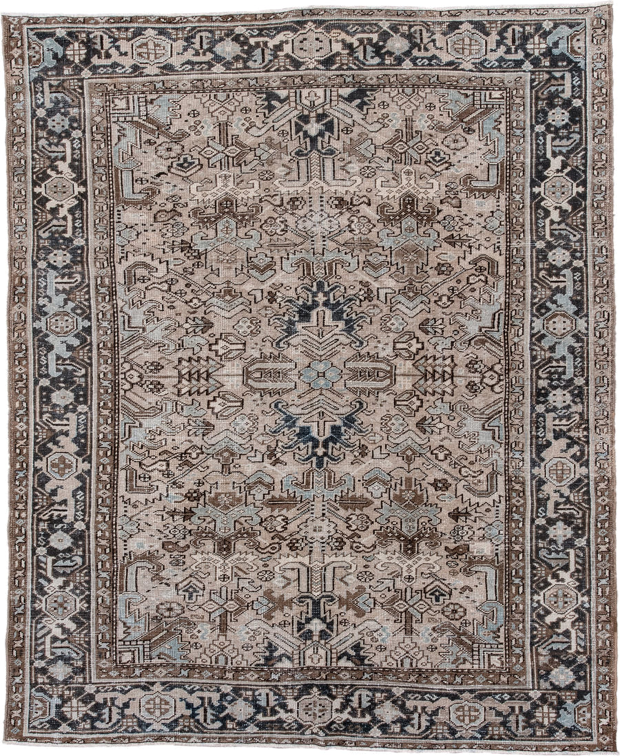 6' x 8' one-of-a-kind handmade vintage Heriz medium size rug. Color palette: ivory, taupe, charcoal, brown, pale blue, camel