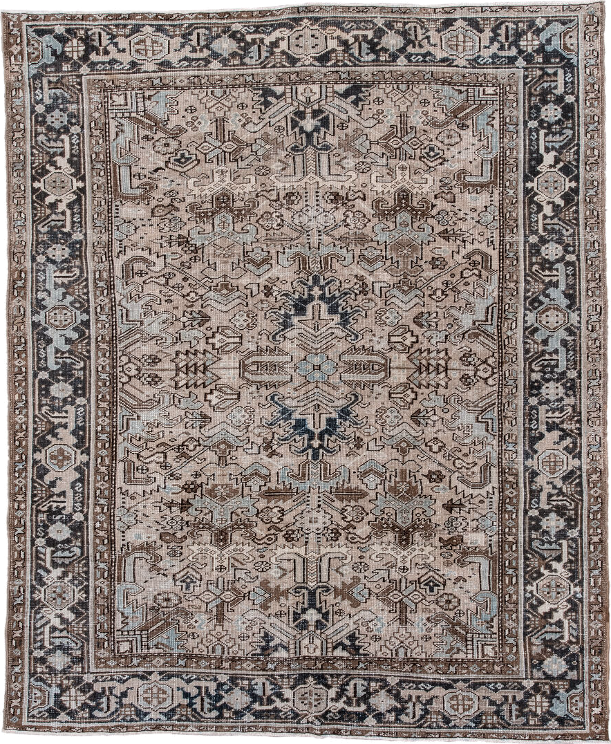 6' x 8' one-of-a-kind handmade vintage Heriz medium size rug. Color palette: ivory, taupe, charcoal, brown, pale blue, camel