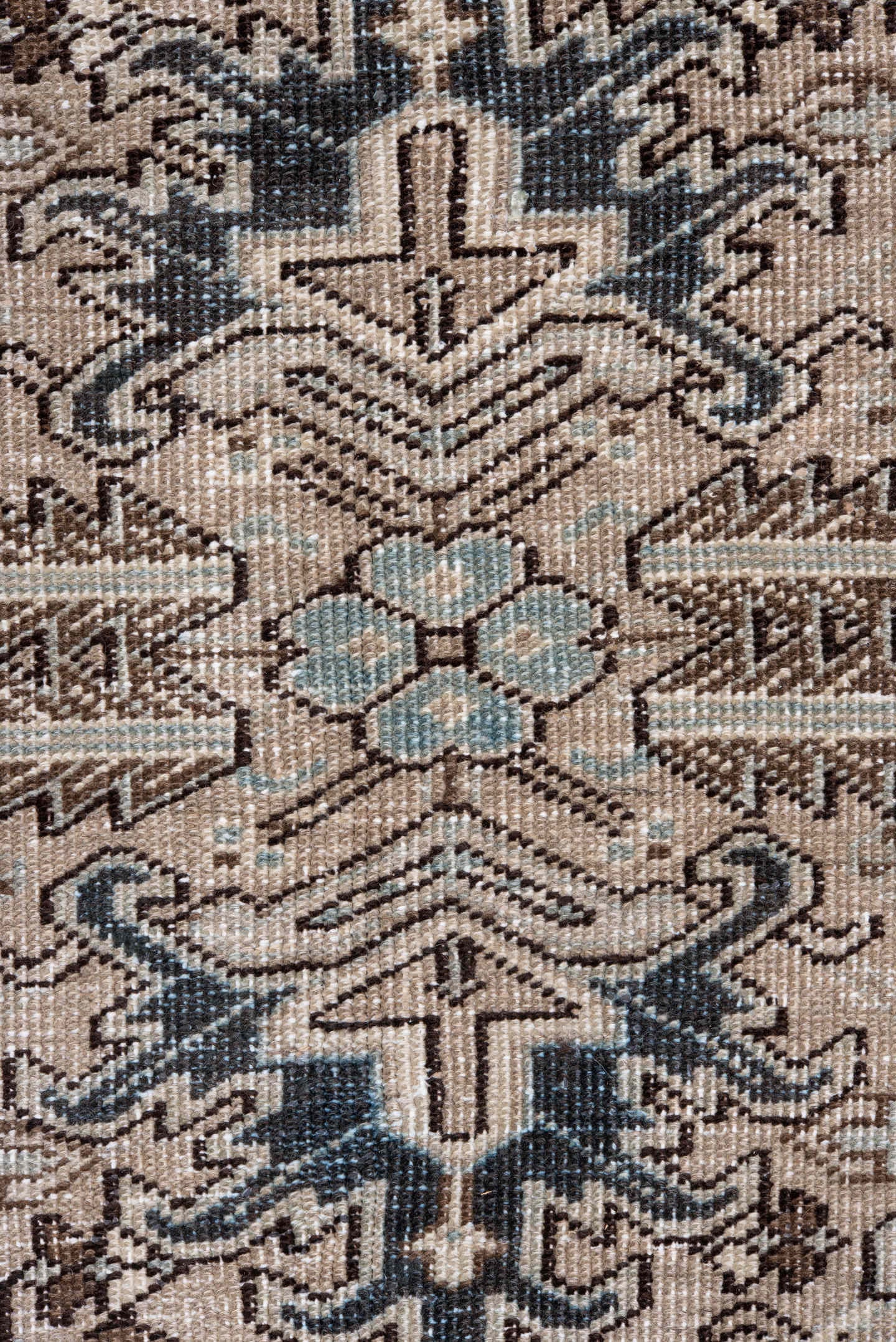 6' x 8' one-of-a-kind handmade vintage Heriz medium size rug. Color palette: ivory, taupe, charcoal, brown, pale blue, camel