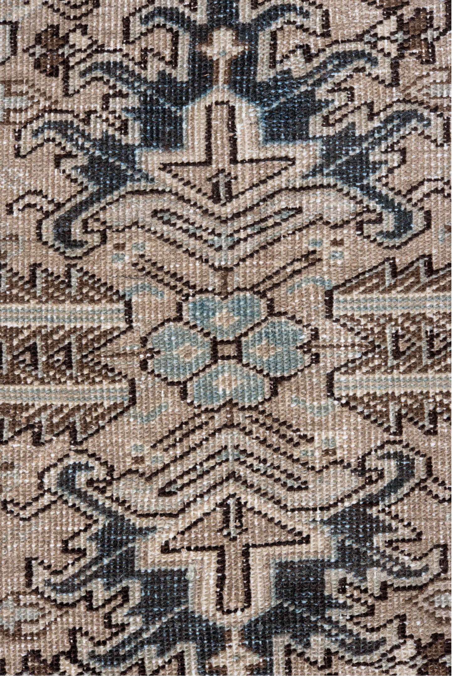 6' x 8' one-of-a-kind handmade vintage Heriz medium size rug. Color palette: ivory, taupe, charcoal, brown, pale blue, camel