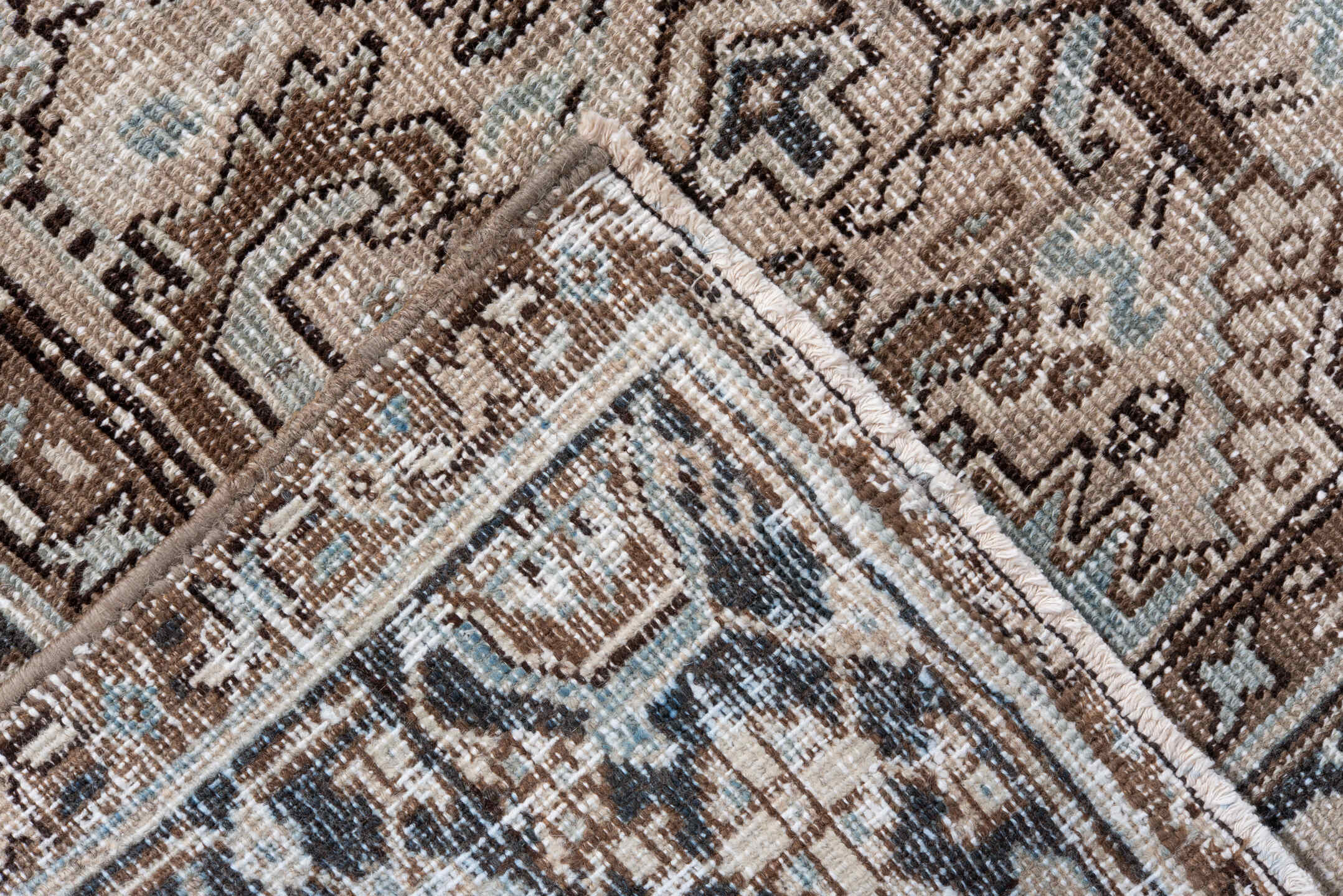 6' x 8' one-of-a-kind handmade vintage Heriz medium size rug. Color palette: ivory, taupe, charcoal, brown, pale blue, camel