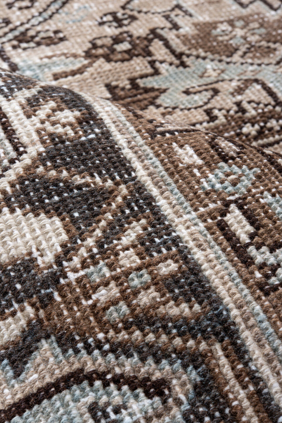 6' x 8' one-of-a-kind handmade vintage Heriz medium size rug. Color palette: ivory, taupe, charcoal, brown, pale blue, camel